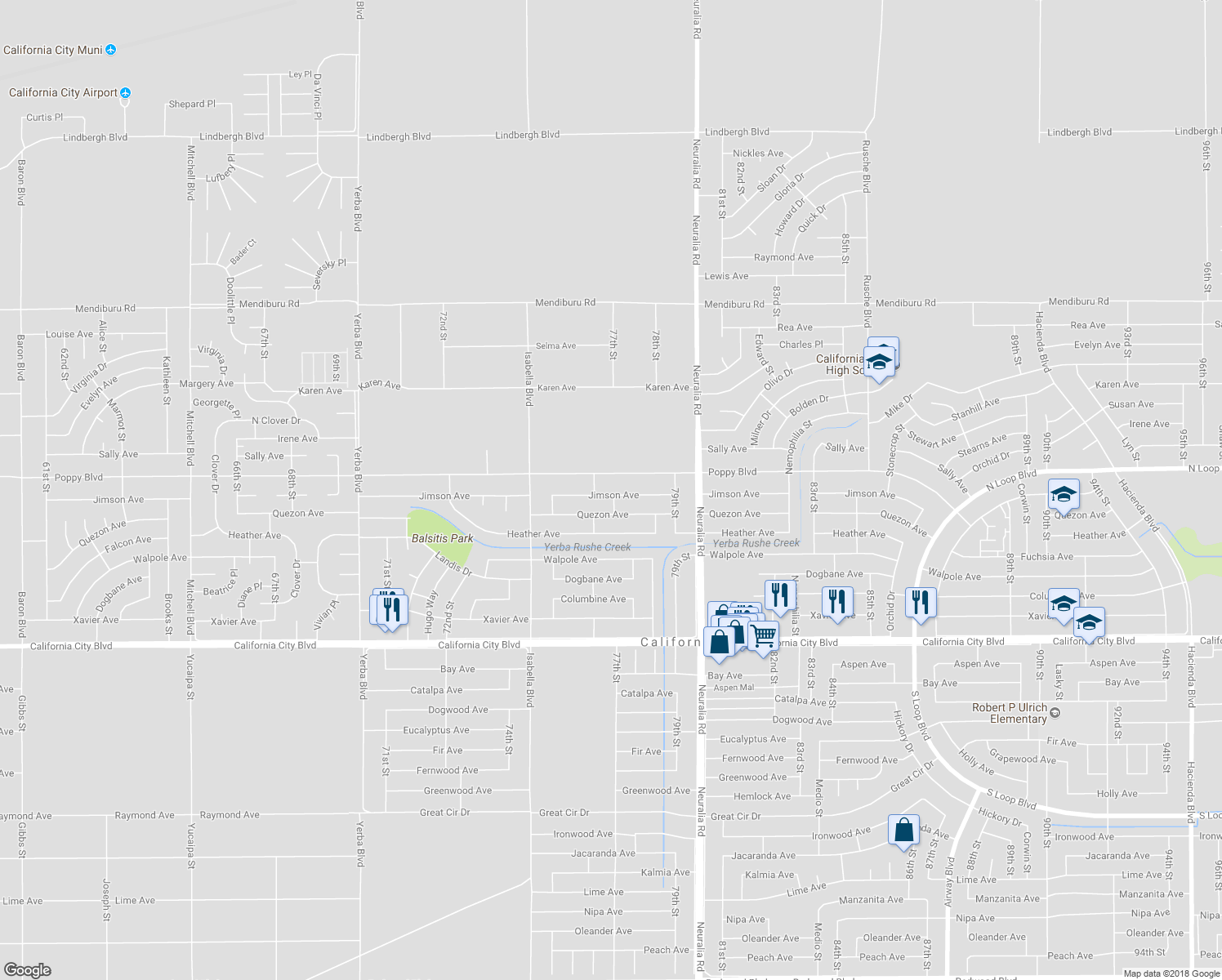 map of restaurants, bars, coffee shops, grocery stores, and more near 7648 Jimson Avenue in California City