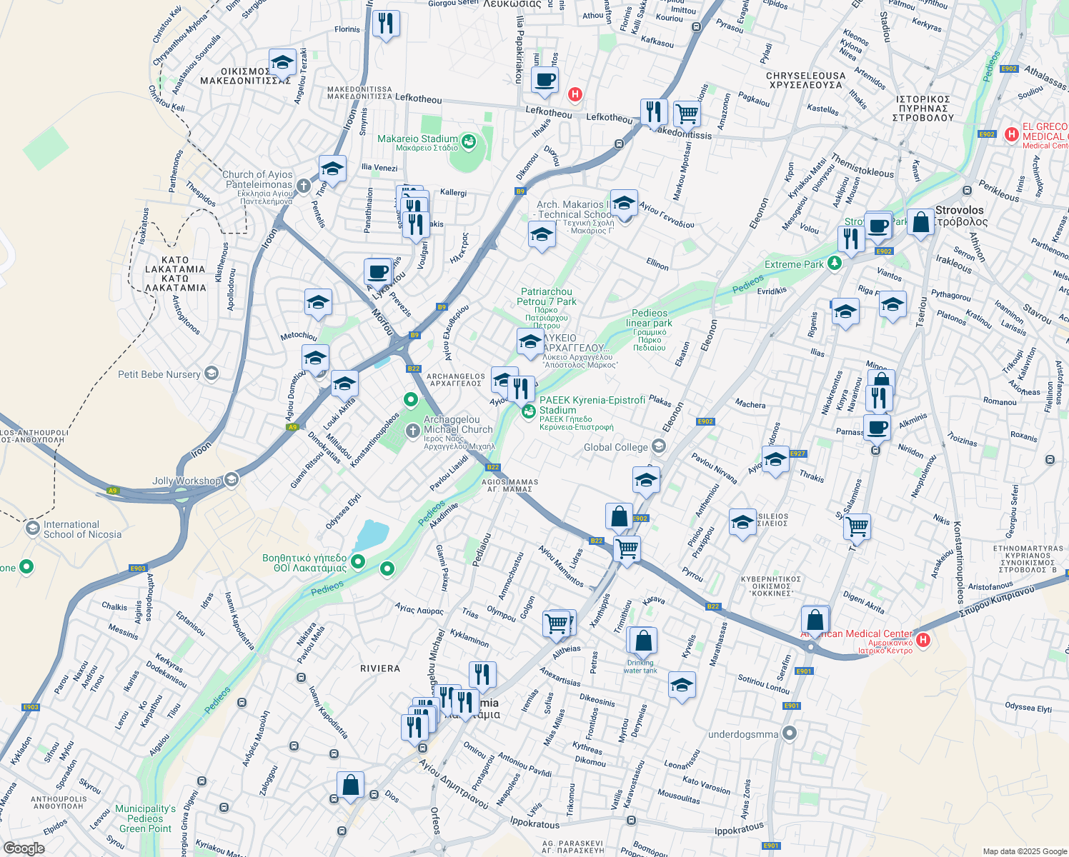 map of restaurants, bars, coffee shops, grocery stores, and more near Diodos Kifea in Strovolos