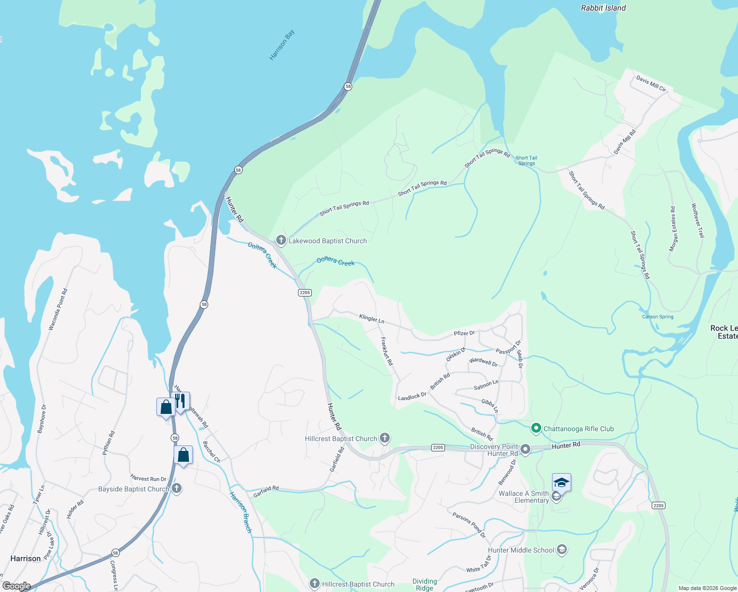 map of restaurants, bars, coffee shops, grocery stores, and more near 6559 Frankfurt Road in Ooltewah