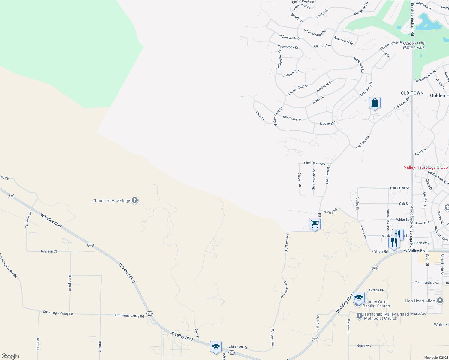 map of restaurants, bars, coffee shops, grocery stores, and more near 18020 Matterhorn Court in Tehachapi