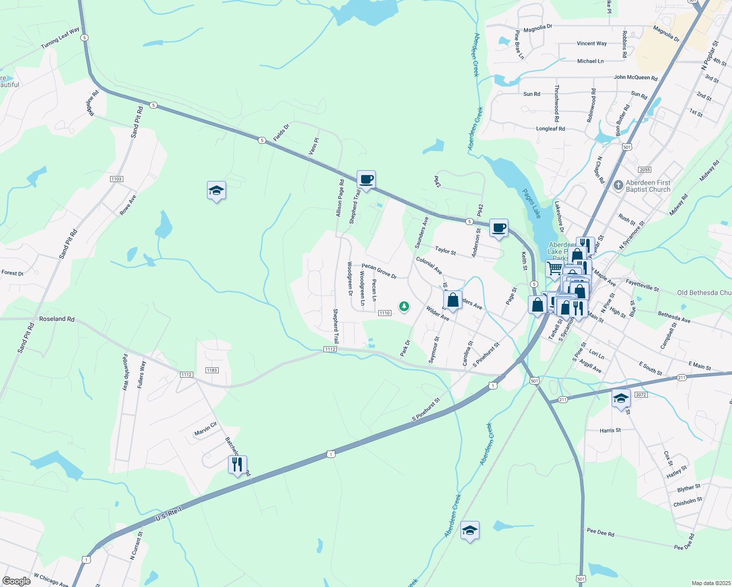 map of restaurants, bars, coffee shops, grocery stores, and more near 185 Woodgreen Ln in Aberdeen