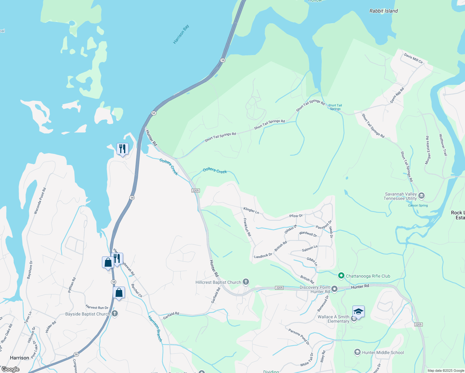 map of restaurants, bars, coffee shops, grocery stores, and more near 6559 Frankfurt Road in Ooltewah