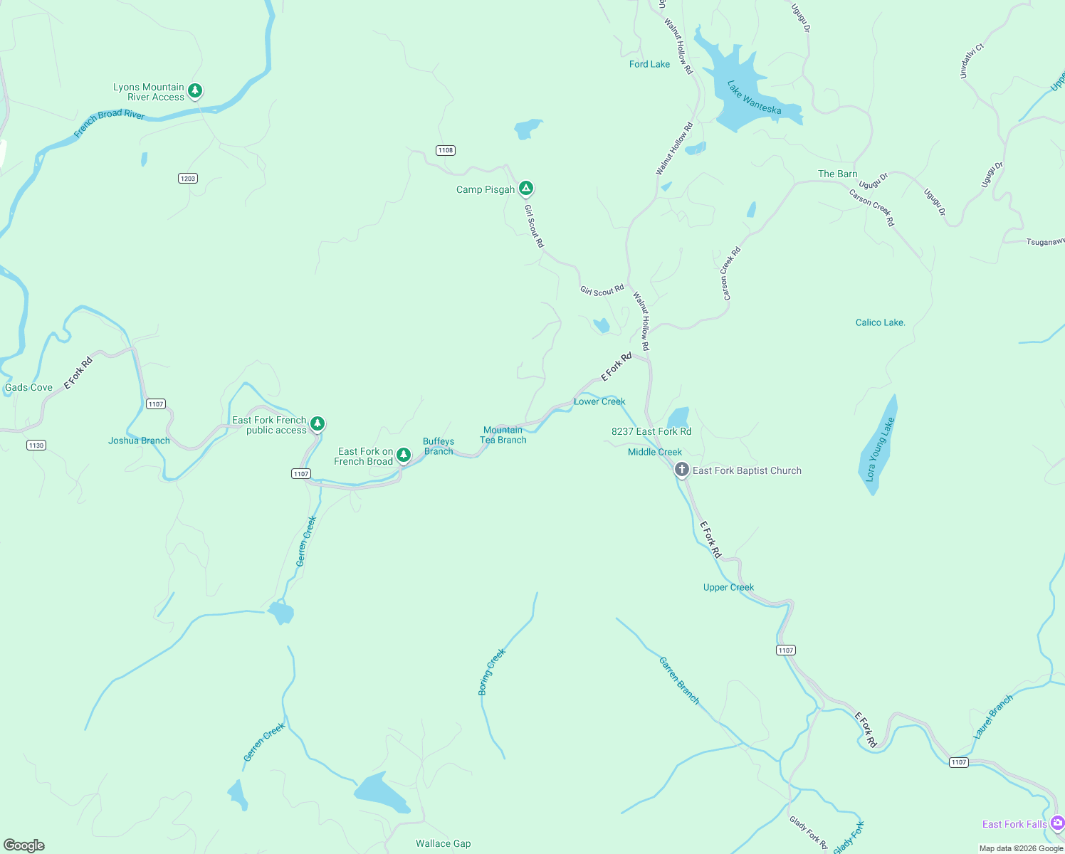 map of restaurants, bars, coffee shops, grocery stores, and more near 9017 East Fork Road in Brevard