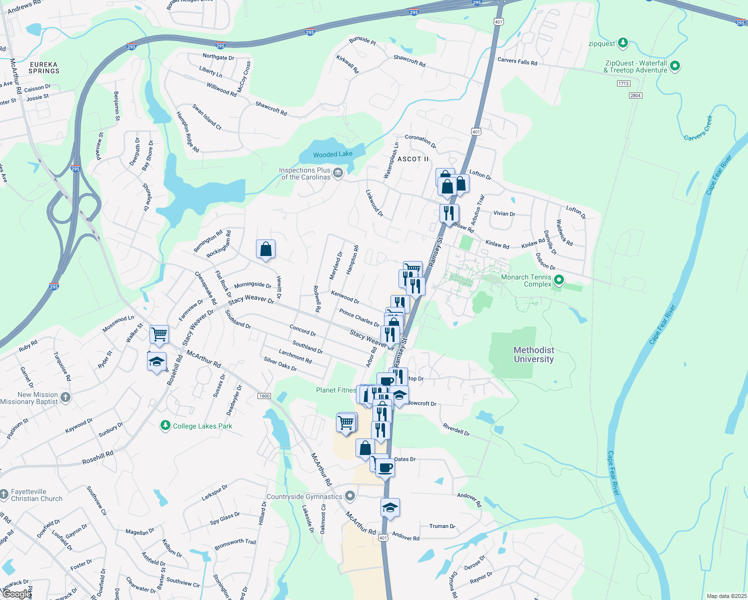 map of restaurants, bars, coffee shops, grocery stores, and more near 3075 Candlelight Drive in Fayetteville