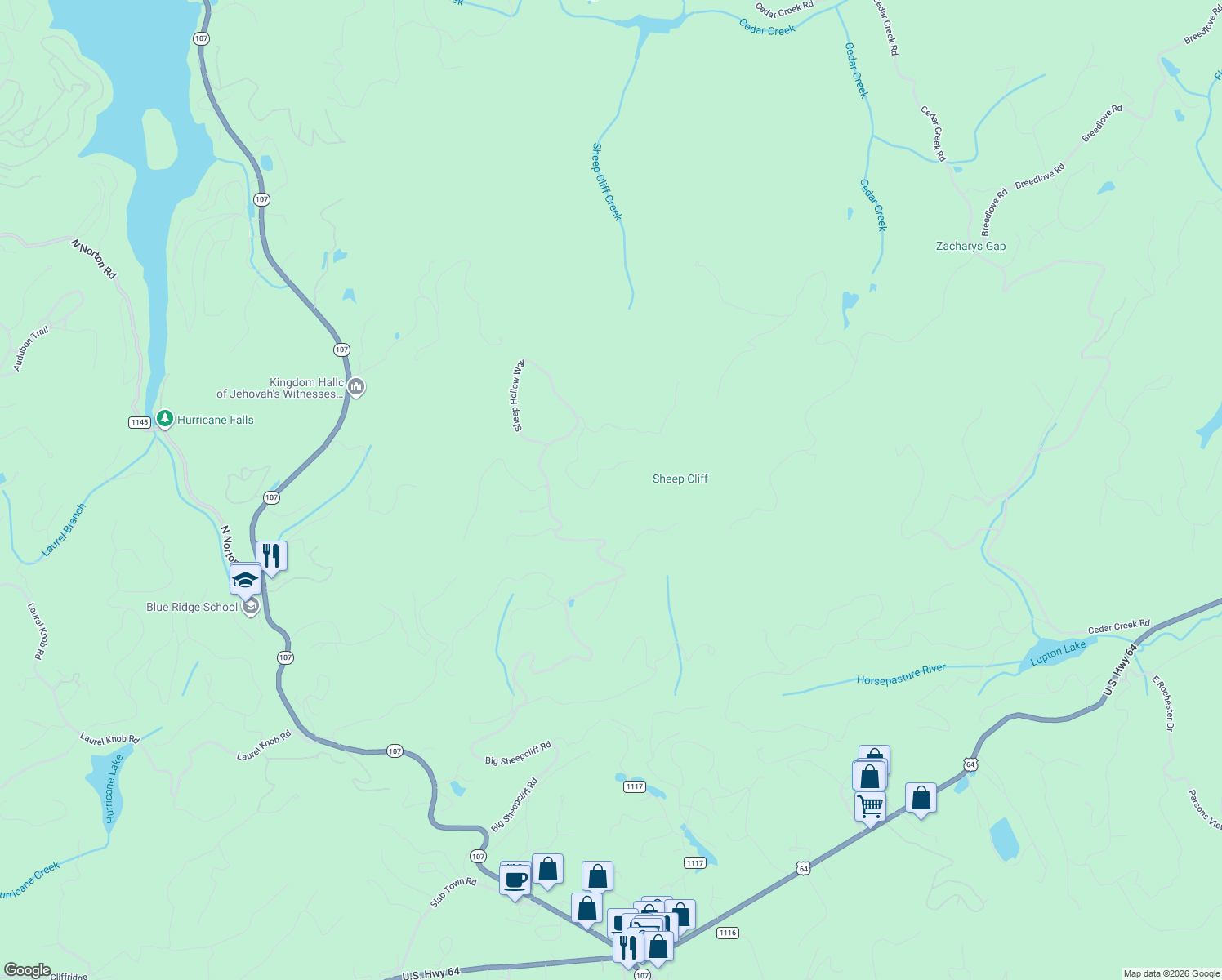 map of restaurants, bars, coffee shops, grocery stores, and more near 2808 Big Sheep Cliff Road in Cashiers