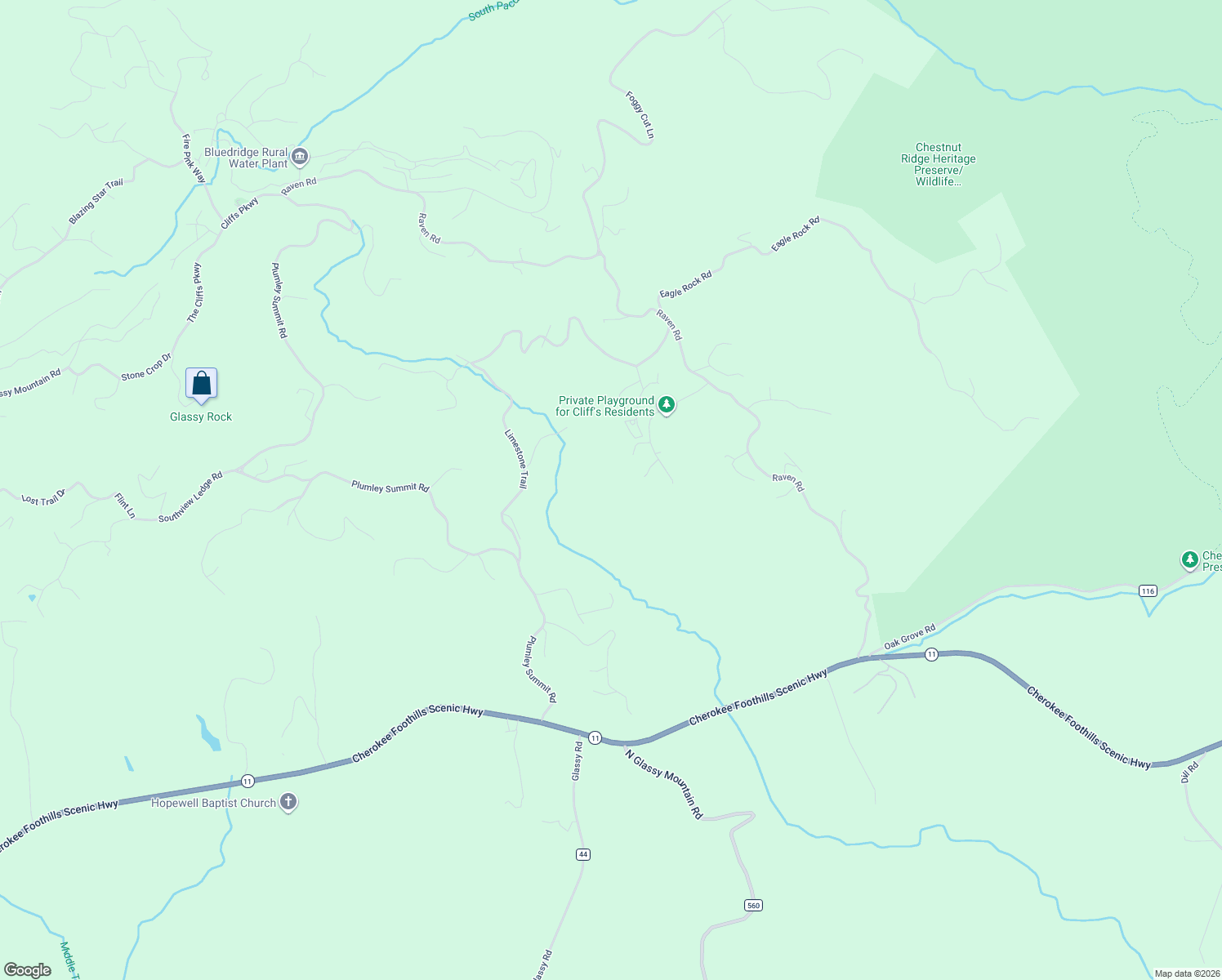 map of restaurants, bars, coffee shops, grocery stores, and more near 20 Rocky Gap Court in Landrum