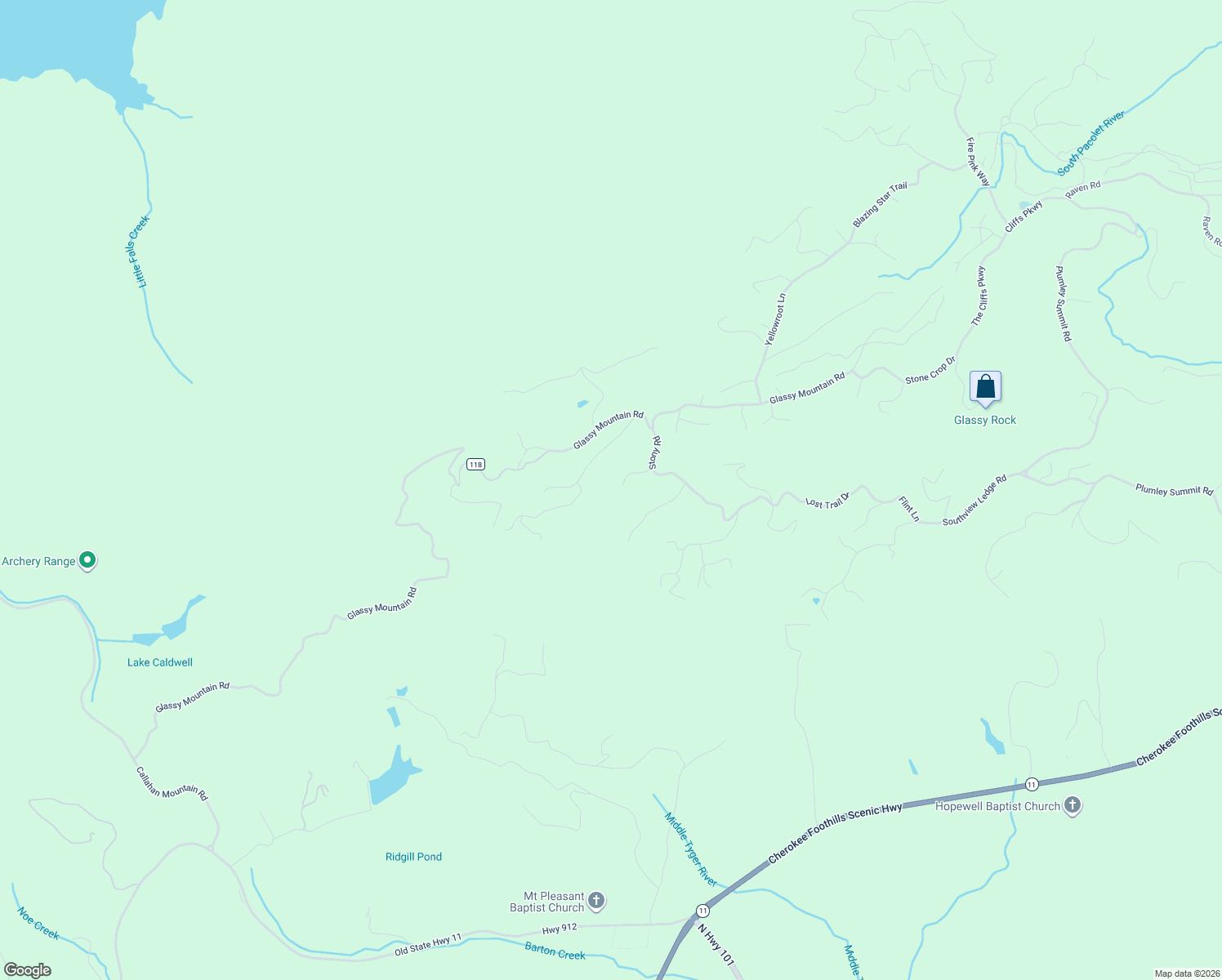 map of restaurants, bars, coffee shops, grocery stores, and more near 12 Drift Away Lane in Landrum