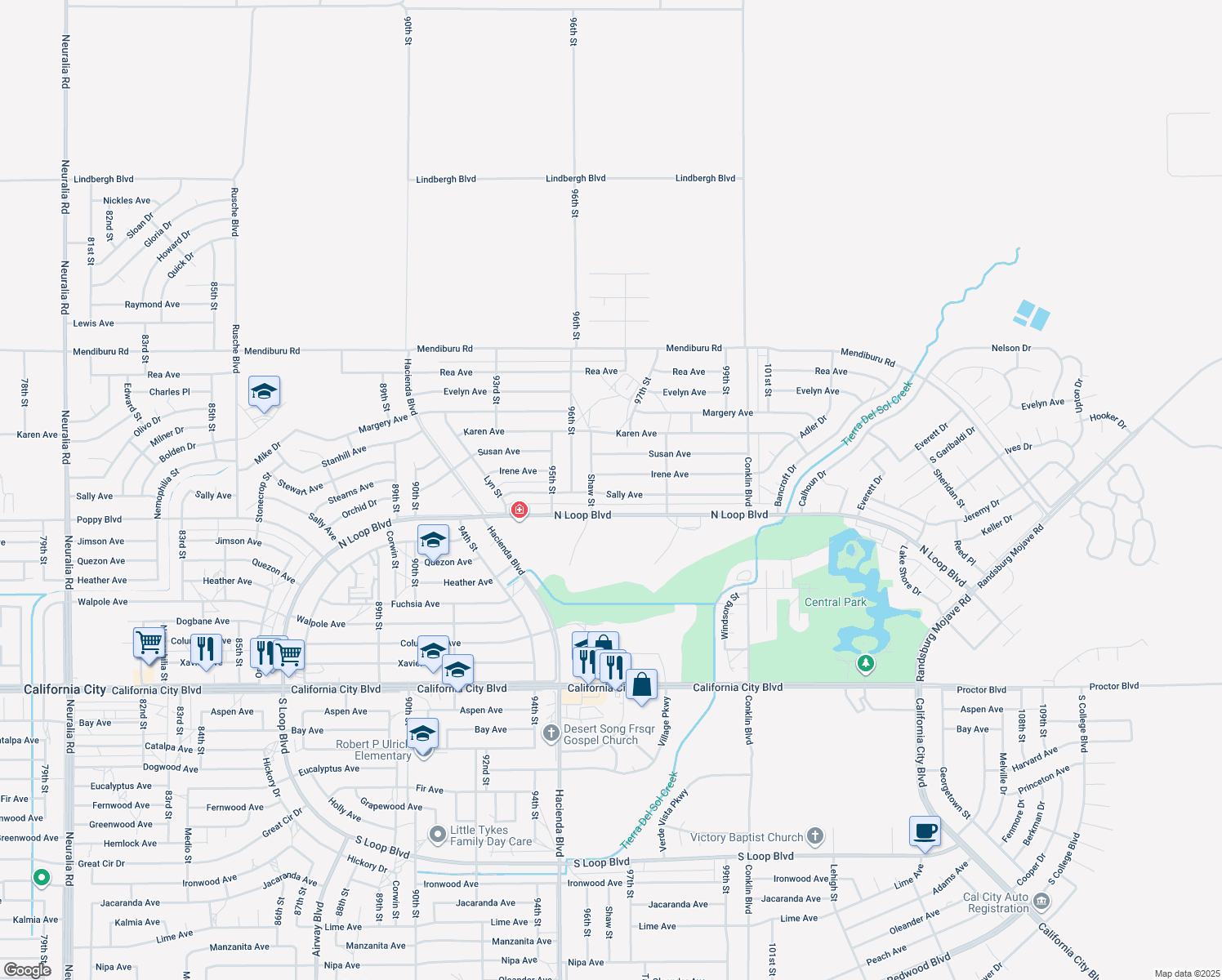 map of restaurants, bars, coffee shops, grocery stores, and more near 9625 Sally Avenue in California City