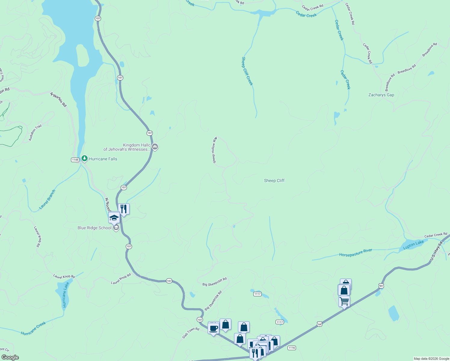 map of restaurants, bars, coffee shops, grocery stores, and more near 2808 Big Sheep Cliff Road in Cashiers