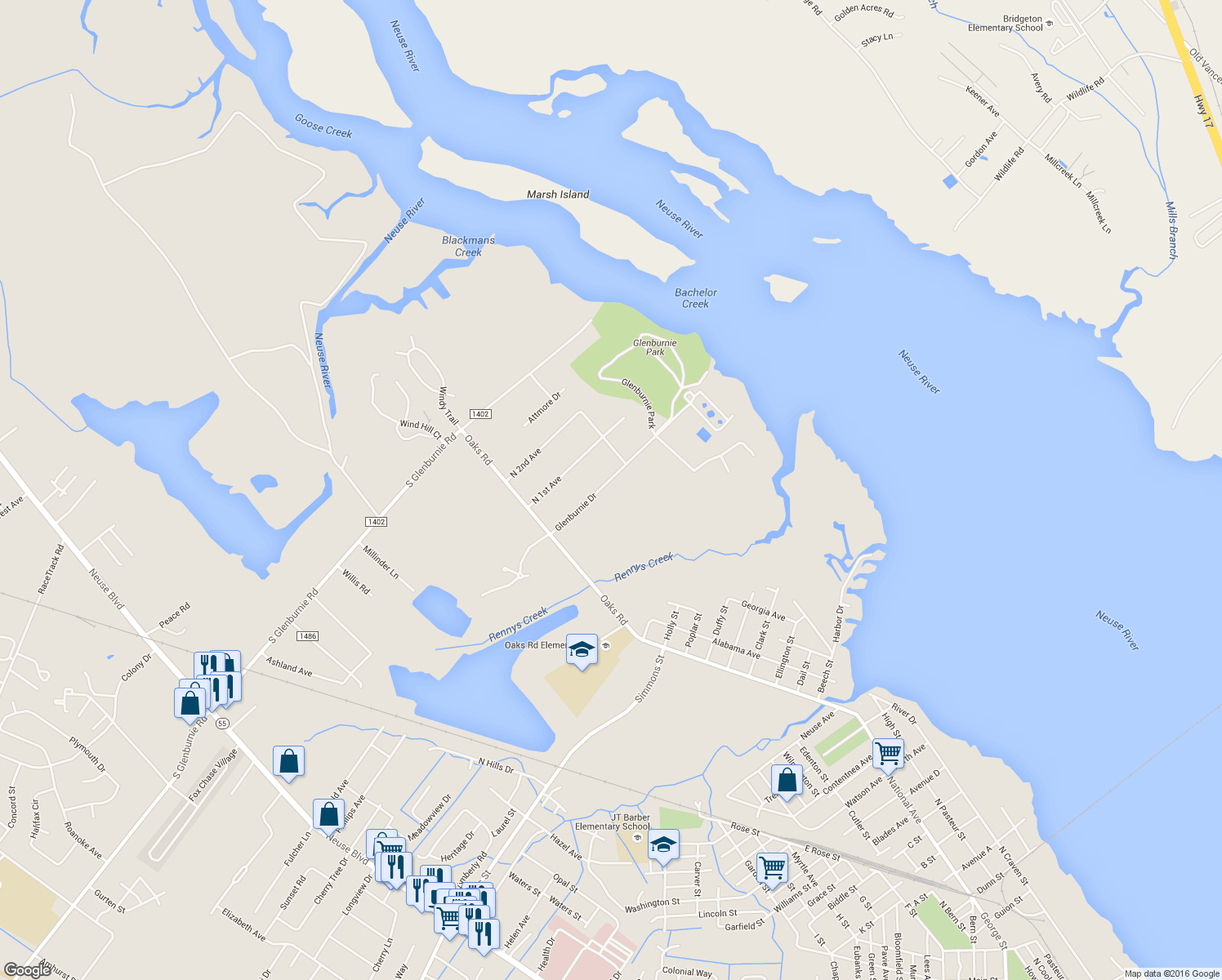 map of restaurants, bars, coffee shops, grocery stores, and more near 209 Glenburnie Drive in New Bern