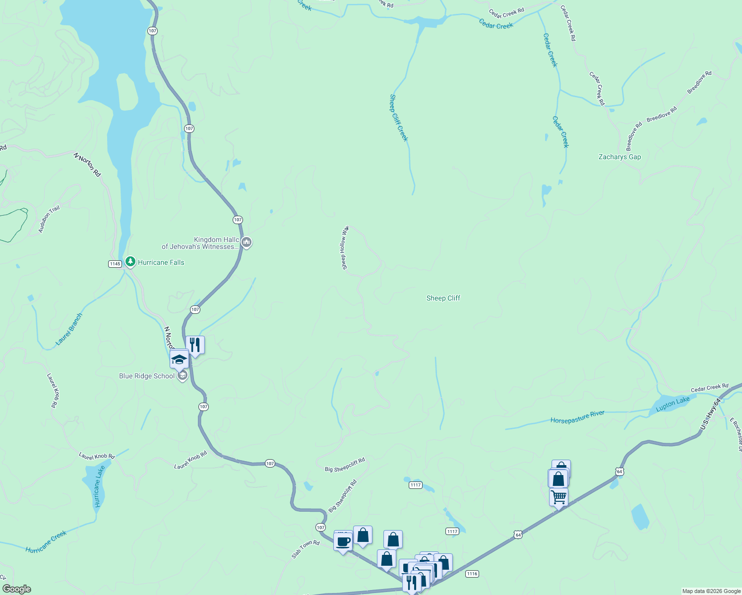 map of restaurants, bars, coffee shops, grocery stores, and more near 2618 Big Sheepcliff Road in Cashiers