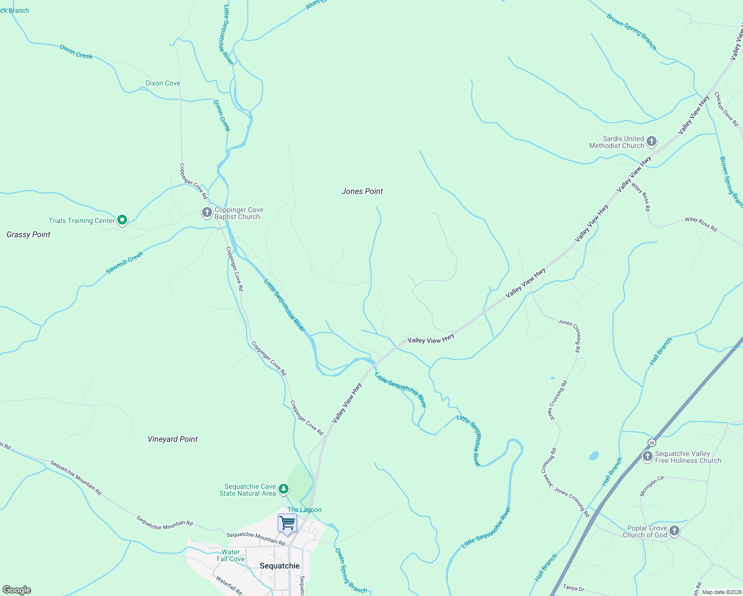 map of restaurants, bars, coffee shops, grocery stores, and more near 395 Dancing Fern Road in Sequatchie