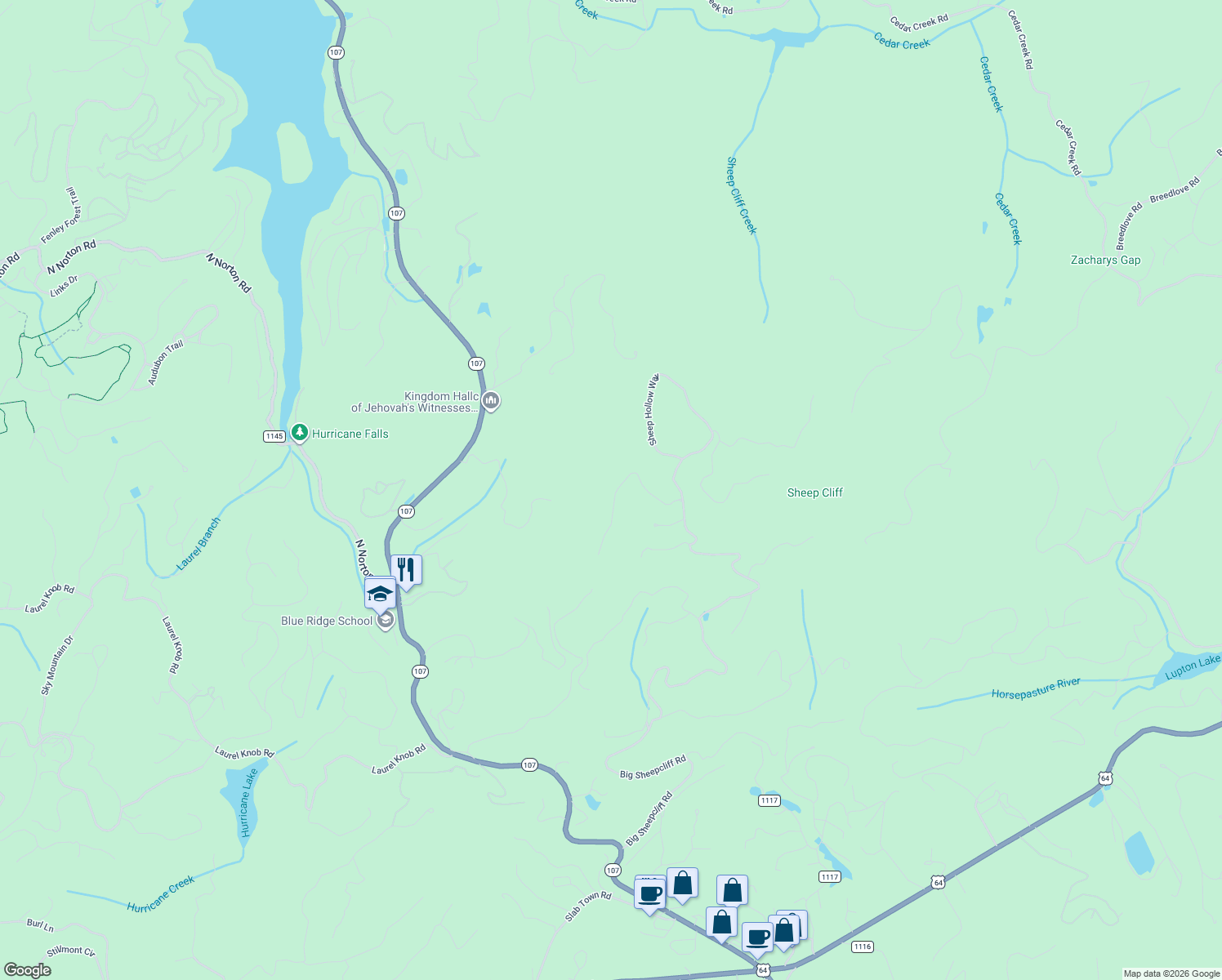 map of restaurants, bars, coffee shops, grocery stores, and more near 335 Kerry Hill Road in Cashiers