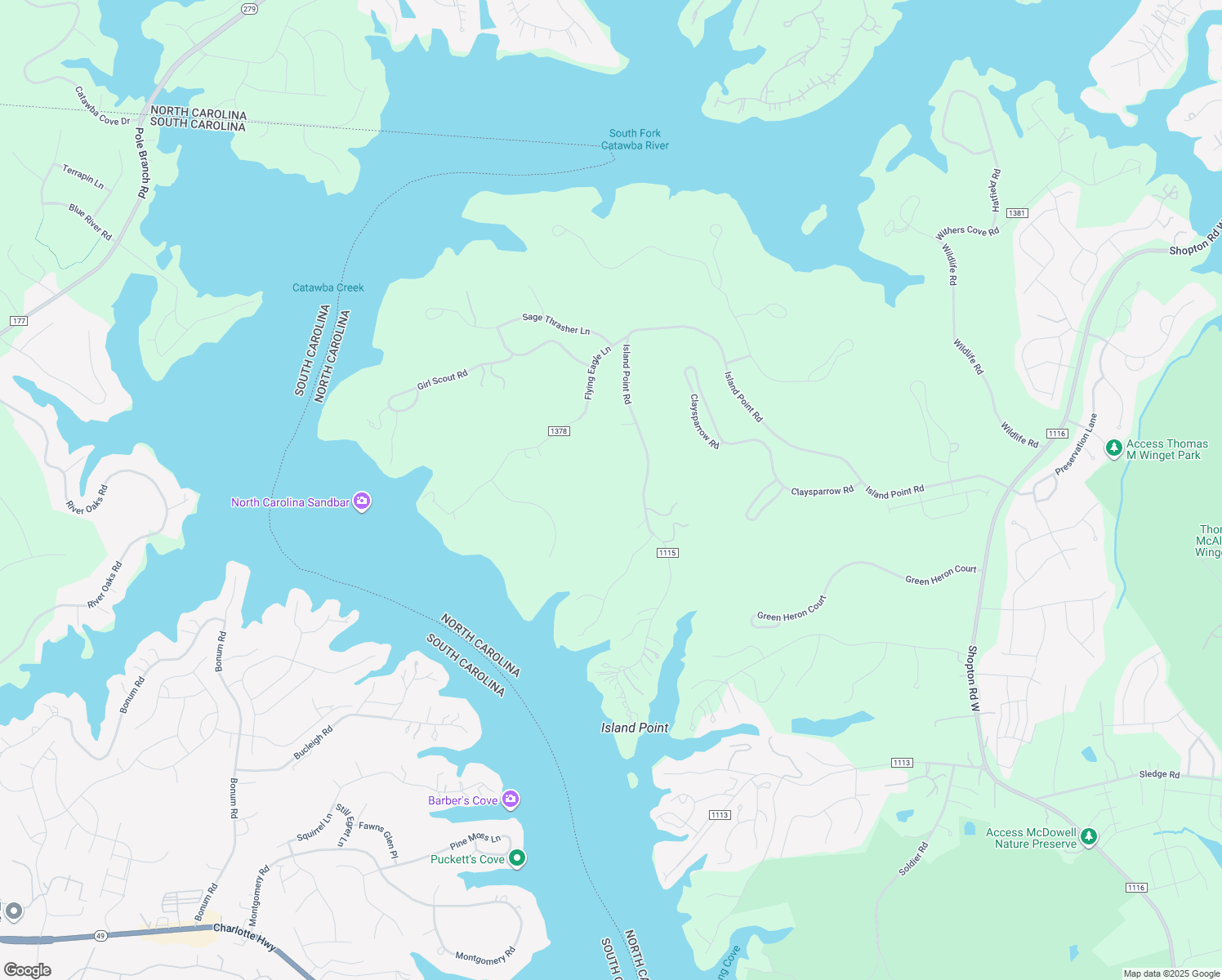 map of restaurants, bars, coffee shops, grocery stores, and more near 9215 Island Point Road in Charlotte