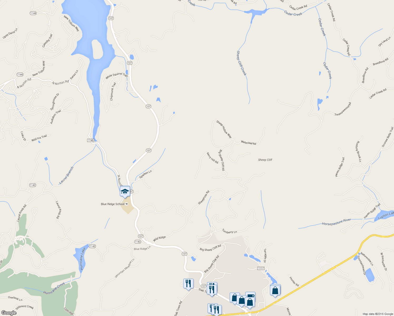 map of restaurants, bars, coffee shops, grocery stores, and more near 335 Kerry Hill Road in Cashiers