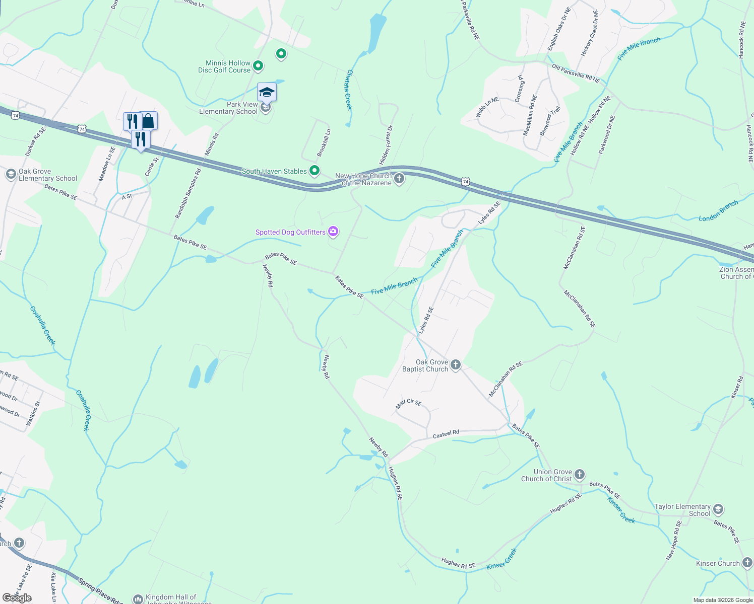 map of restaurants, bars, coffee shops, grocery stores, and more near 119 Greystone Lane Southeast in Cleveland