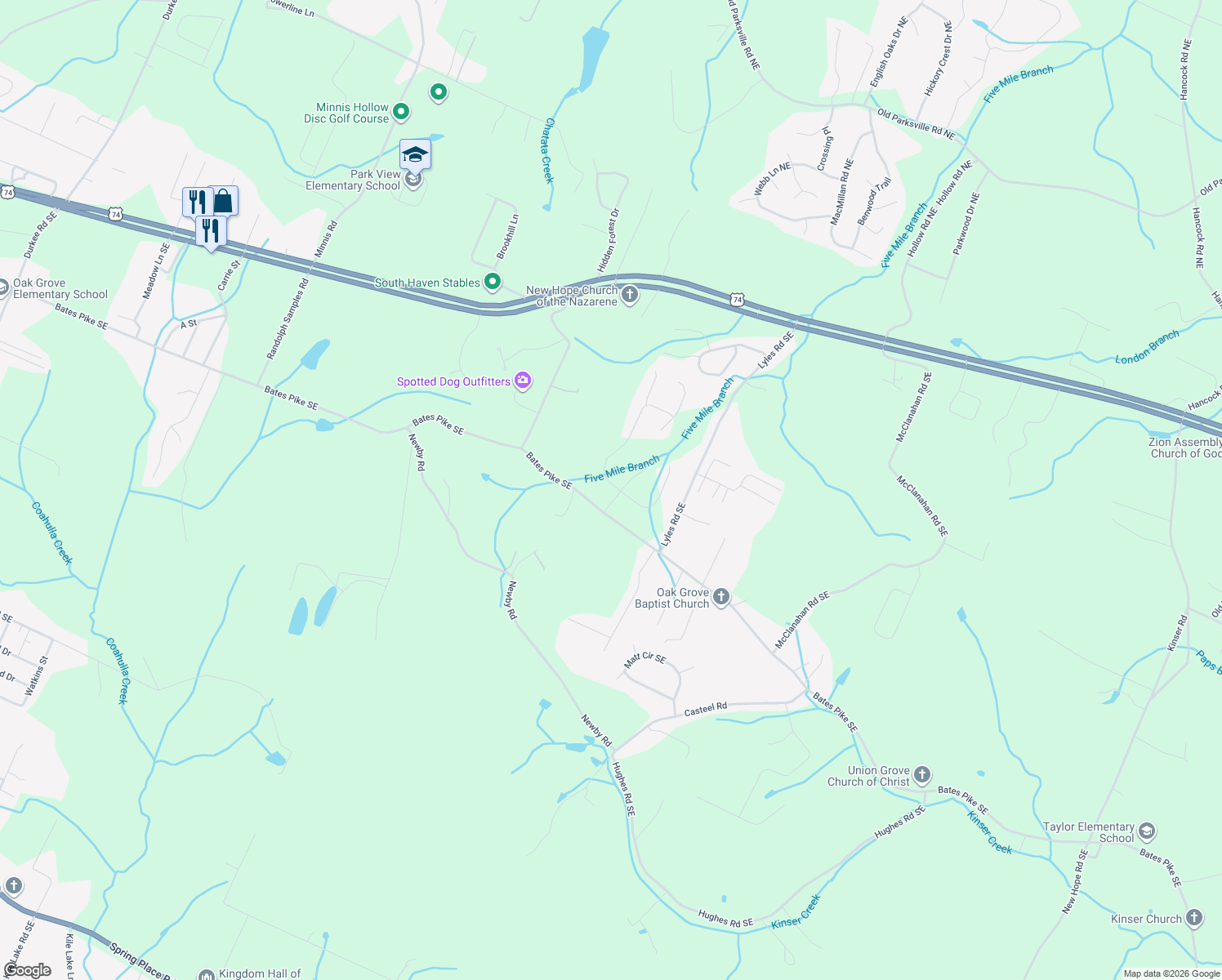 map of restaurants, bars, coffee shops, grocery stores, and more near 119 Greystone Ln SE in Cleveland