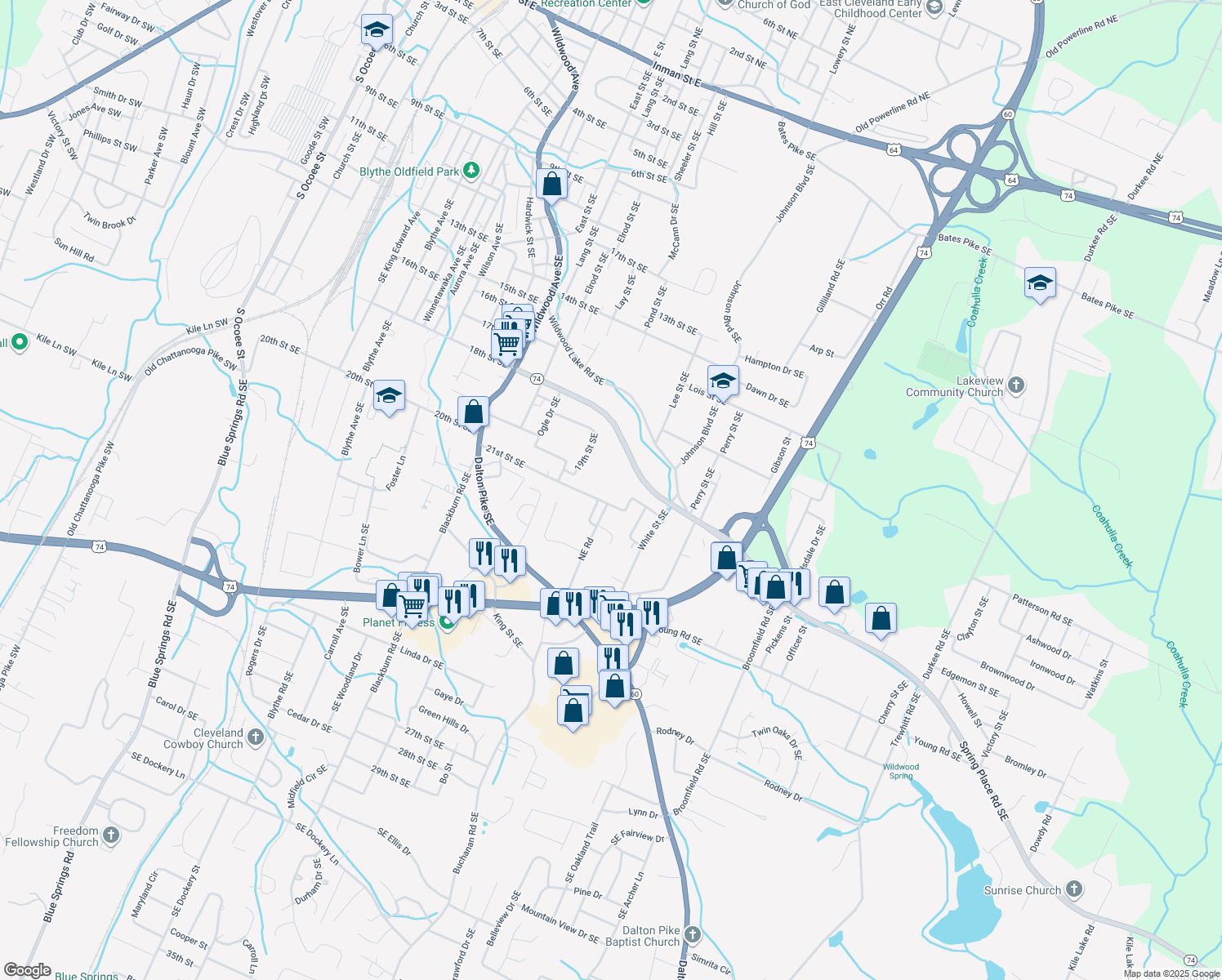 map of restaurants, bars, coffee shops, grocery stores, and more near 1601 21st St SE in Cleveland