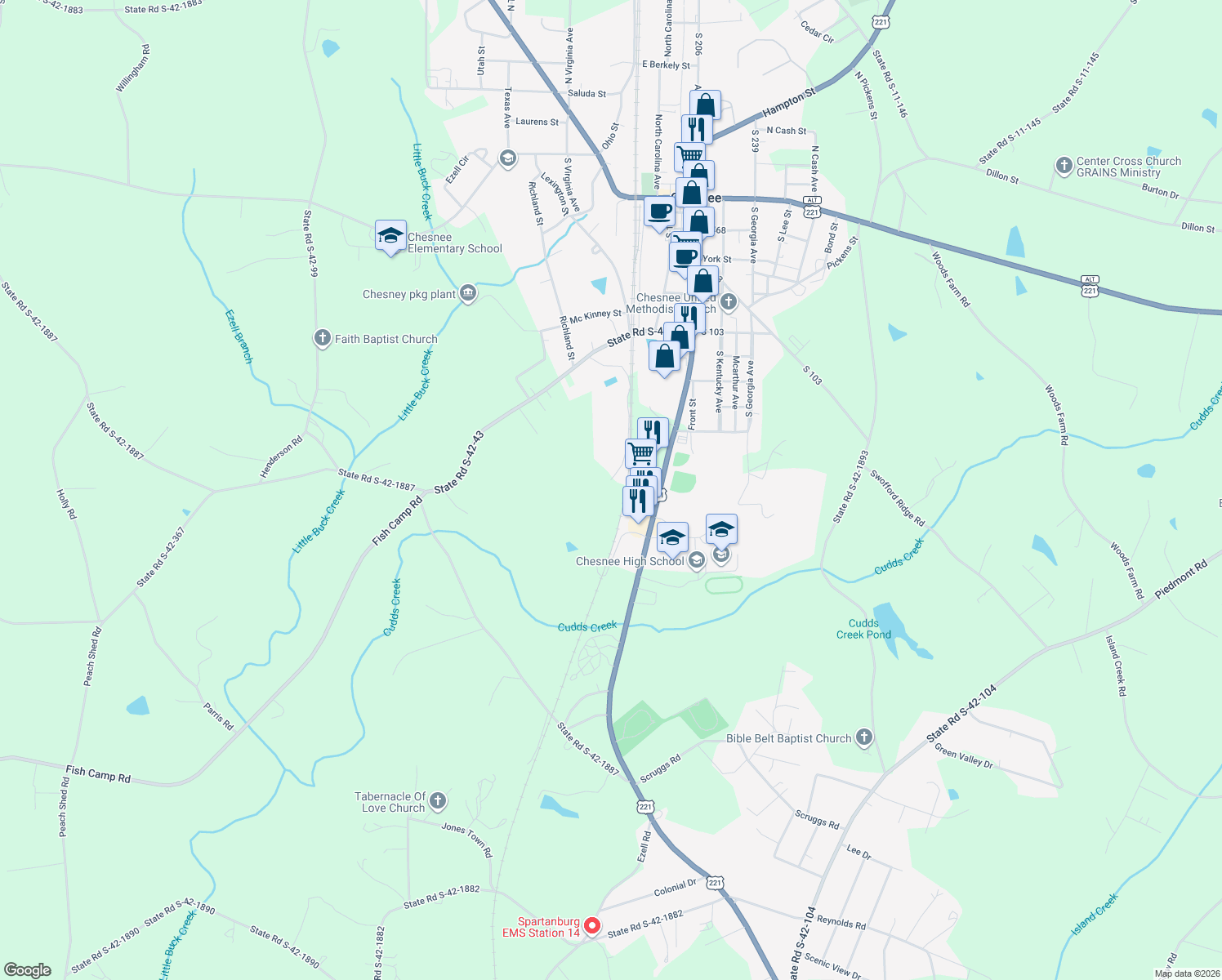 map of restaurants, bars, coffee shops, grocery stores, and more near 797 Red Line Avenue in Chesnee
