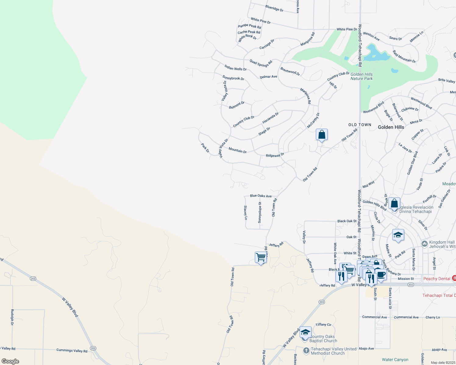 map of restaurants, bars, coffee shops, grocery stores, and more near 21520 Adam Drive in Tehachapi