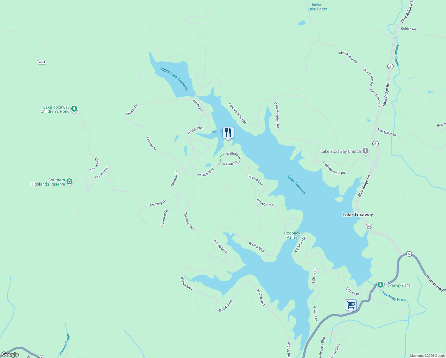 map of restaurants, bars, coffee shops, grocery stores, and more near 1016 Cherokee Trace in Lake Toxaway
