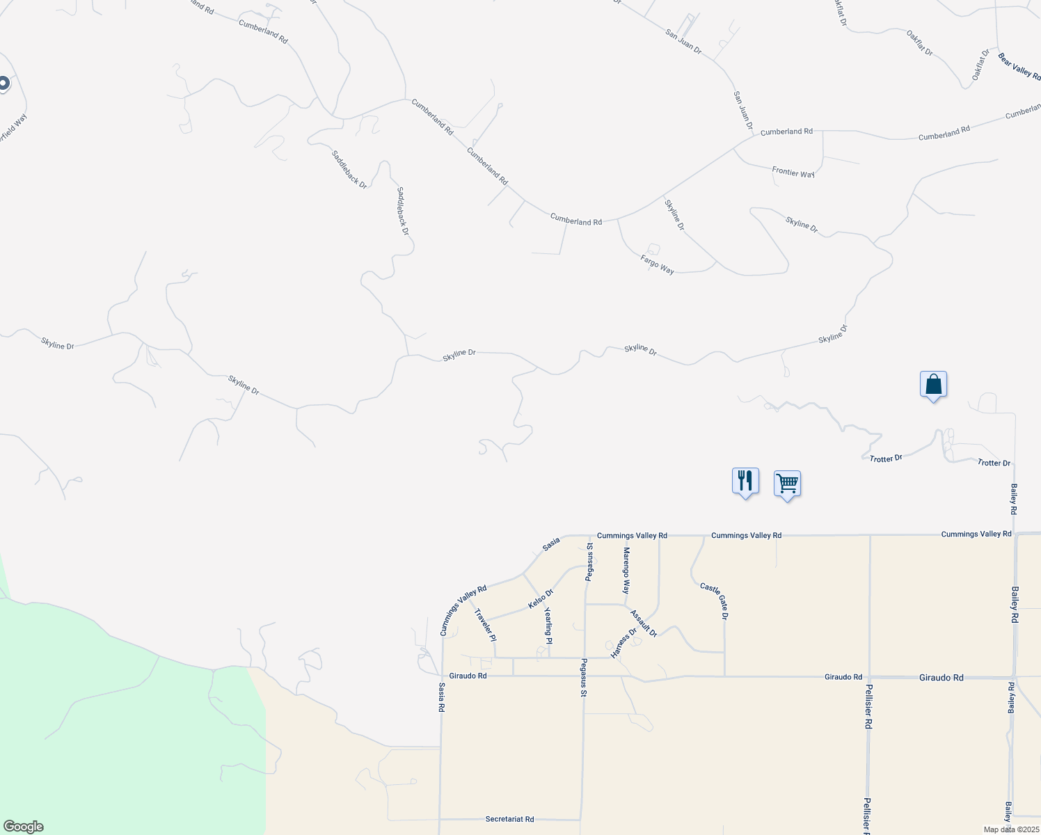 map of restaurants, bars, coffee shops, grocery stores, and more near 21900 Horizon Court in Bear Valley Springs