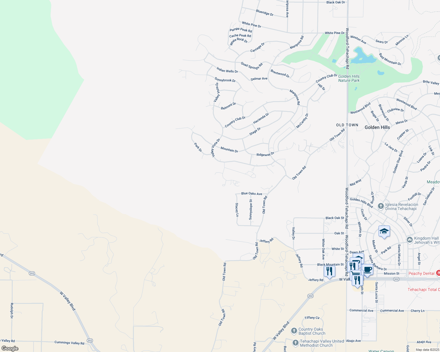 map of restaurants, bars, coffee shops, grocery stores, and more near 21520 Adam Drive in Tehachapi