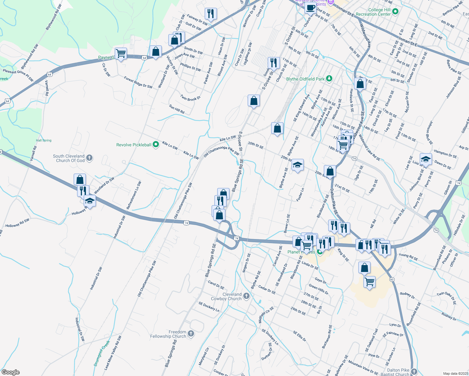 map of restaurants, bars, coffee shops, grocery stores, and more near 1197 Blue Springs Rd in Cleveland