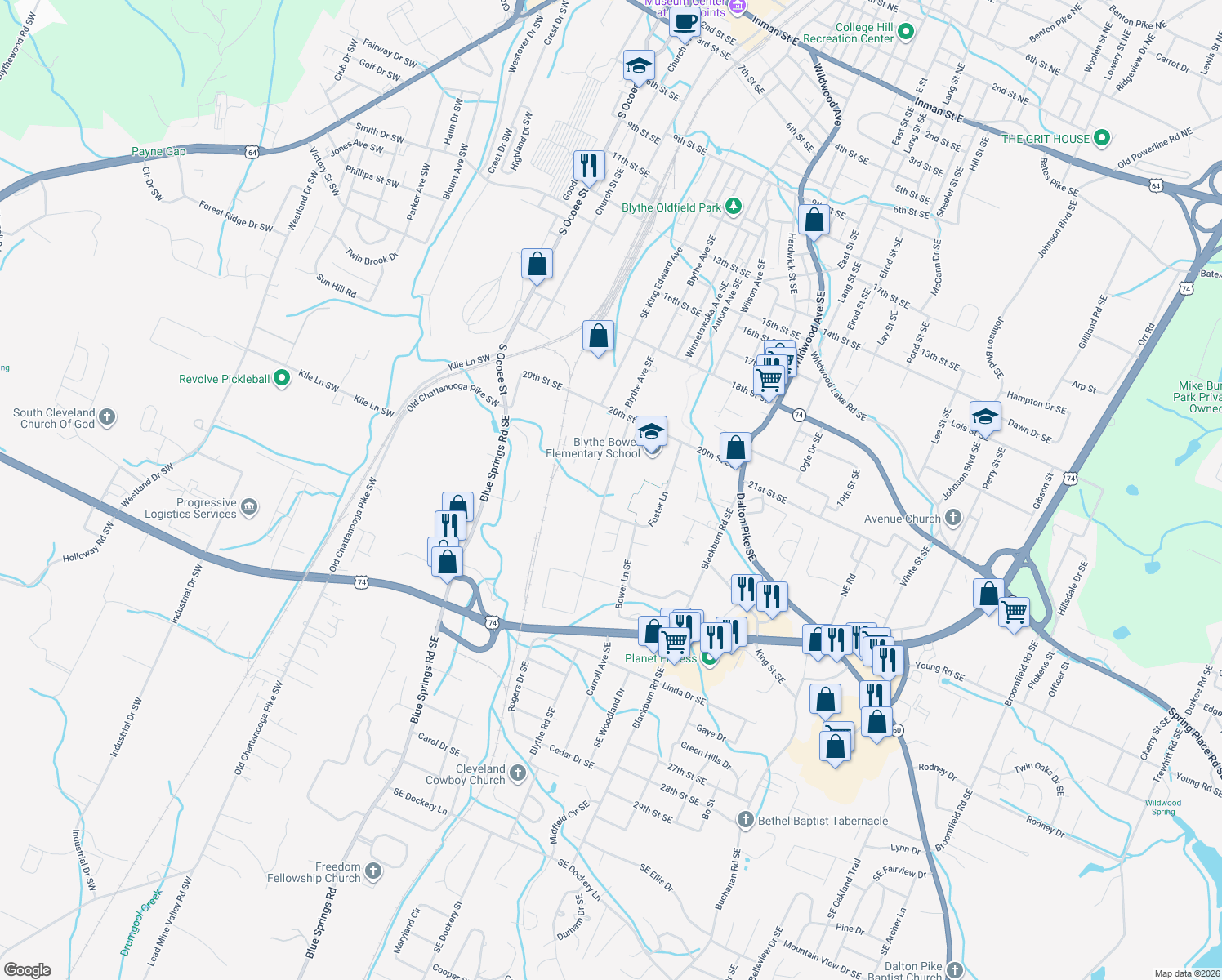 map of restaurants, bars, coffee shops, grocery stores, and more near 2027 Blythe Avenue Southeast in Cleveland