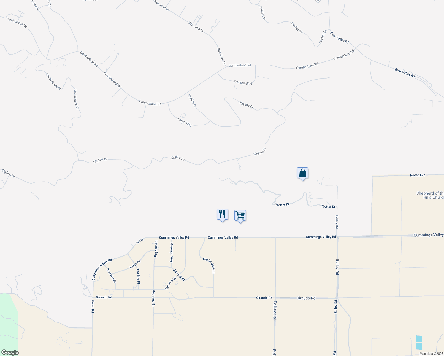map of restaurants, bars, coffee shops, grocery stores, and more near 26929 Trotter Drive in Tehachapi
