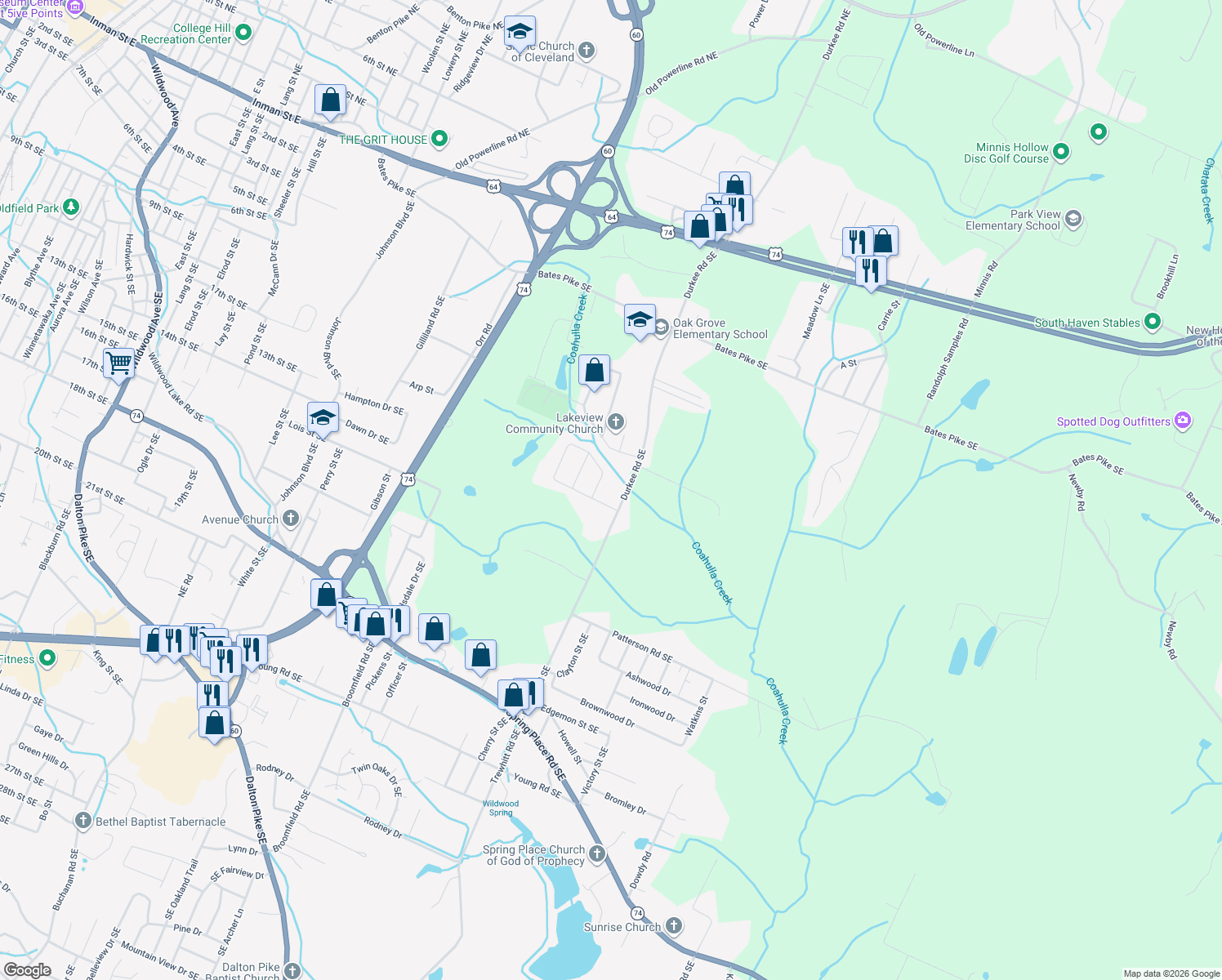 map of restaurants, bars, coffee shops, grocery stores, and more near 940 Durkee Rd SE in Cleveland
