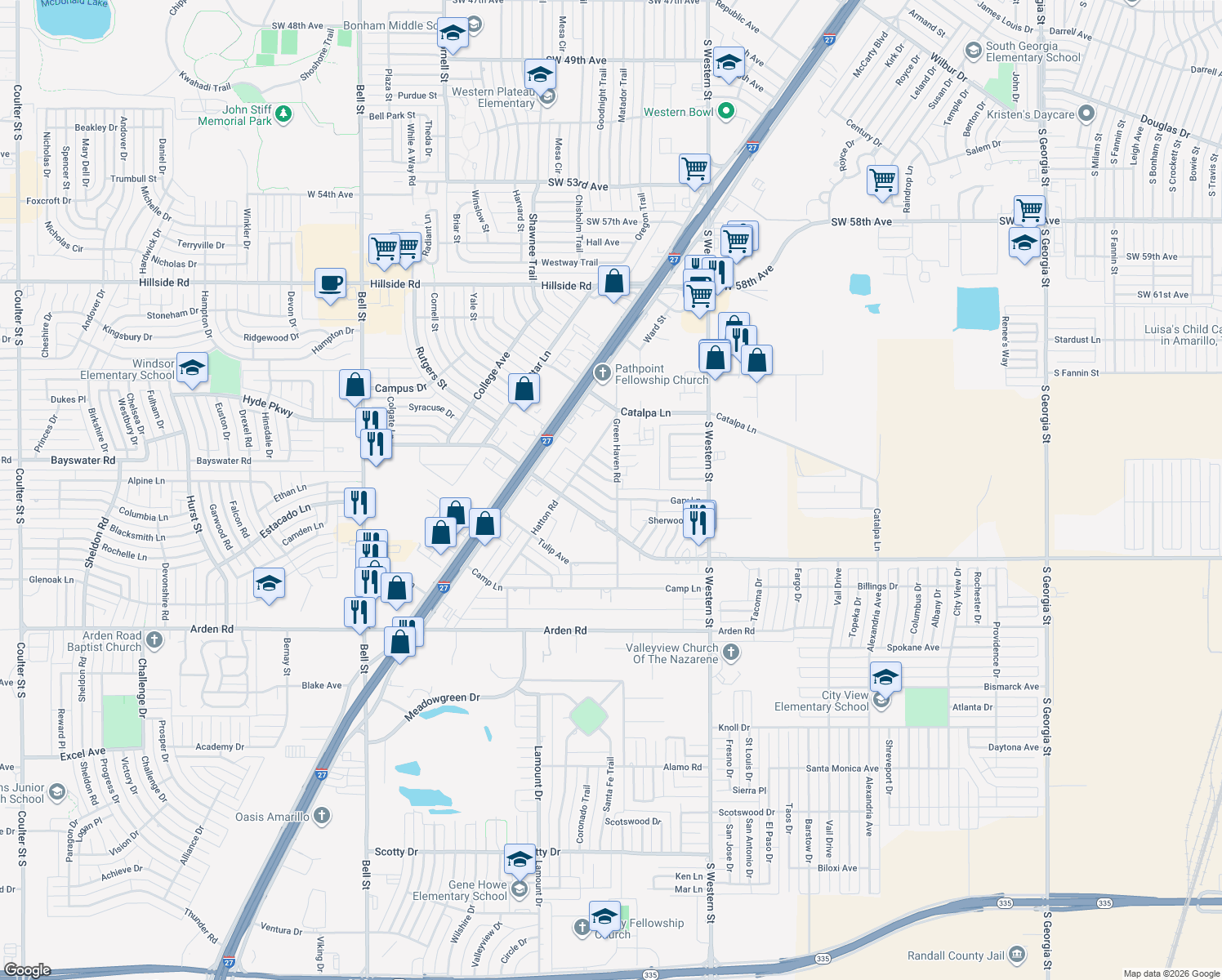 map of restaurants, bars, coffee shops, grocery stores, and more near 4800 Gary Ln in Amarillo