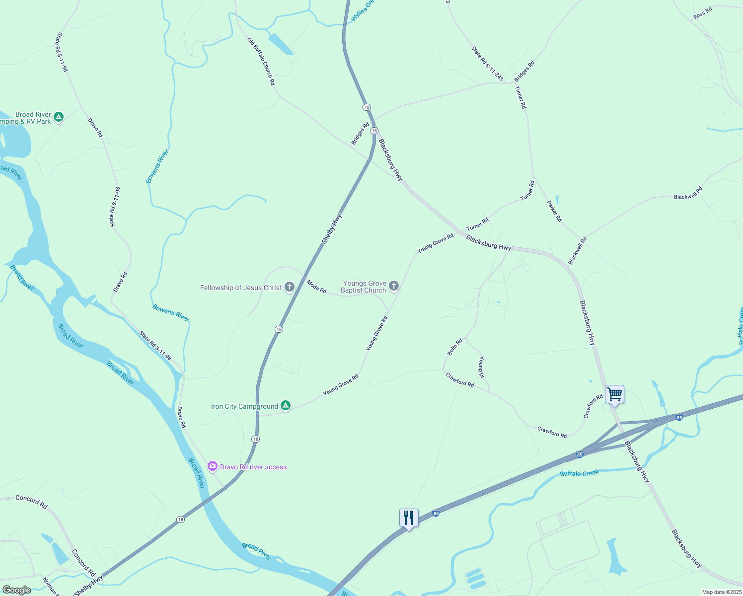map of restaurants, bars, coffee shops, grocery stores, and more near 129 Moda Road in Blacksburg