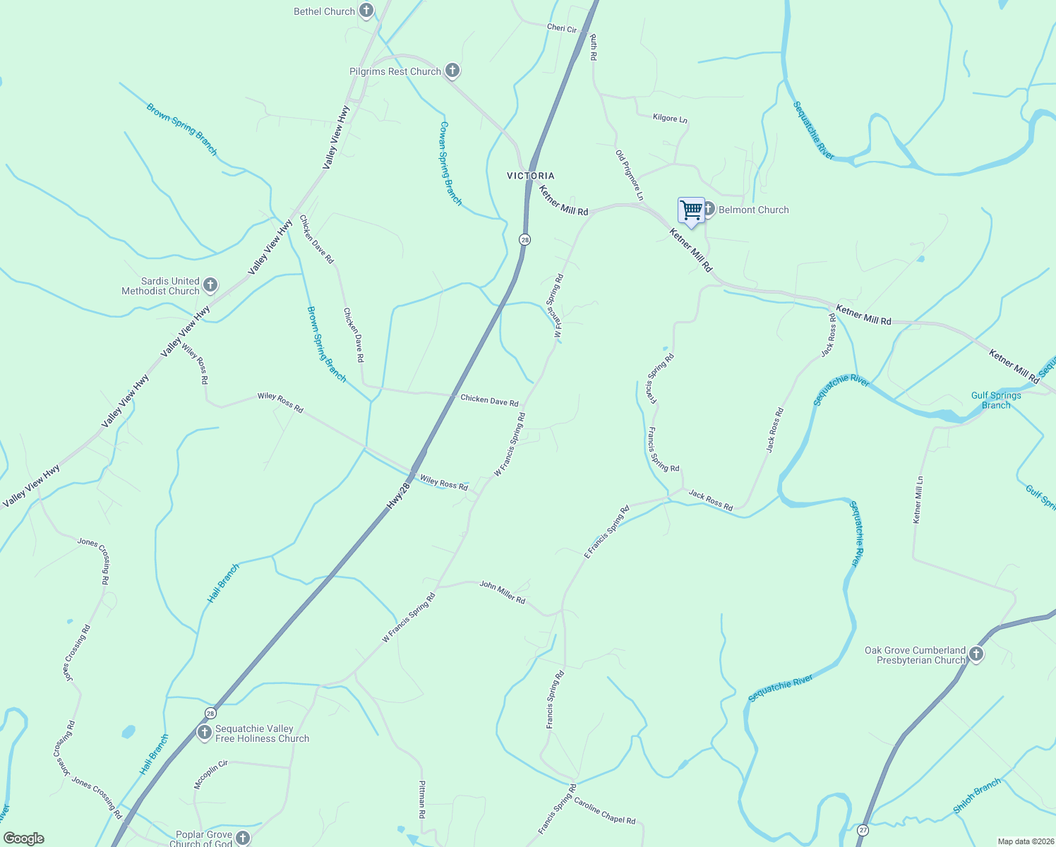 map of restaurants, bars, coffee shops, grocery stores, and more near 2389 West Francis Spring Road in Whitwell