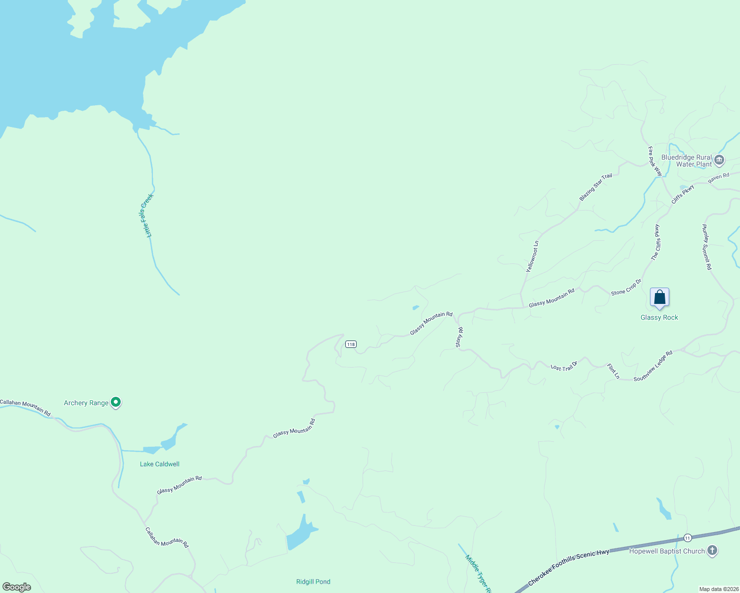 map of restaurants, bars, coffee shops, grocery stores, and more near 44 Falling Star Way in Landrum