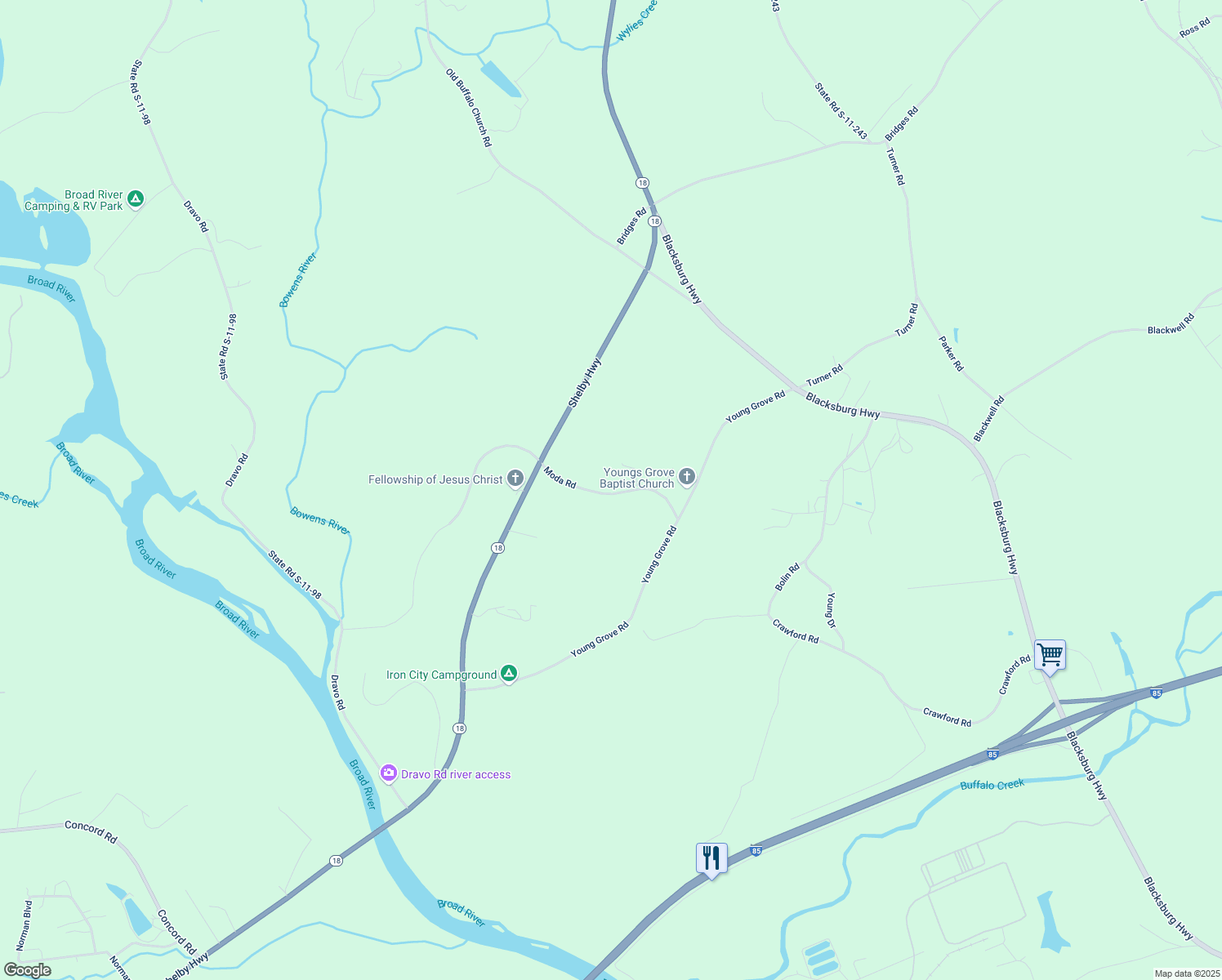 map of restaurants, bars, coffee shops, grocery stores, and more near 129-133 State Road S-11-400 in Blacksburg