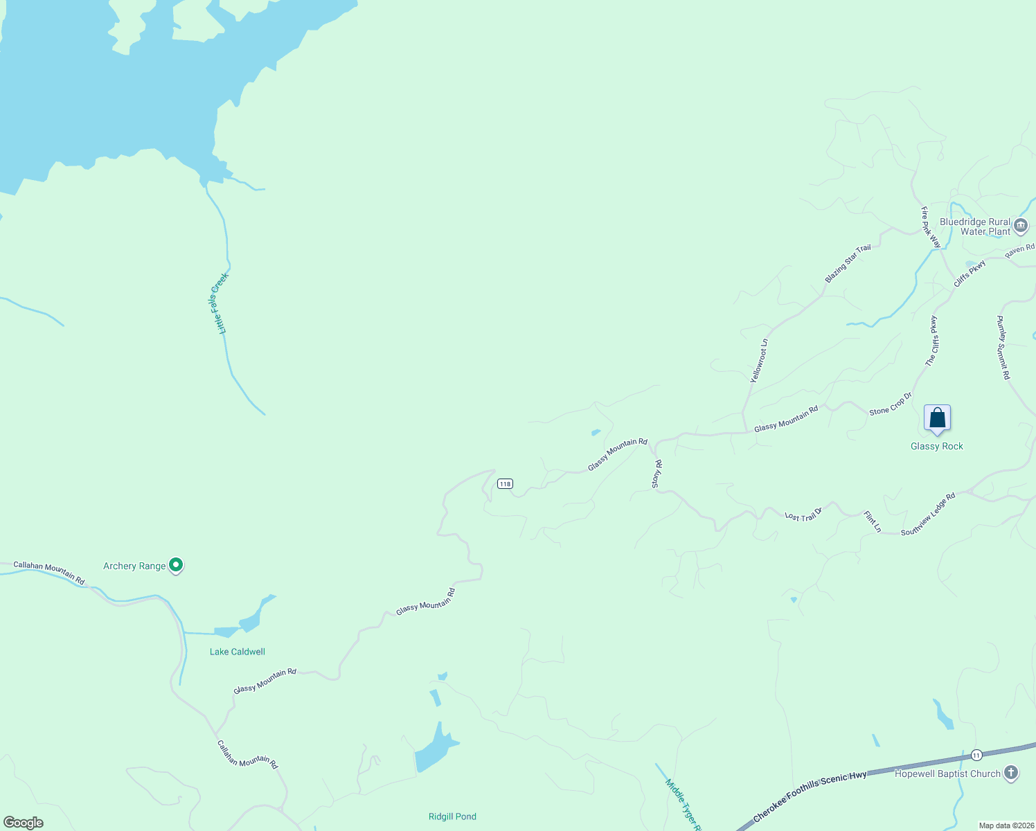 map of restaurants, bars, coffee shops, grocery stores, and more near 44 Falling Star Way in Landrum