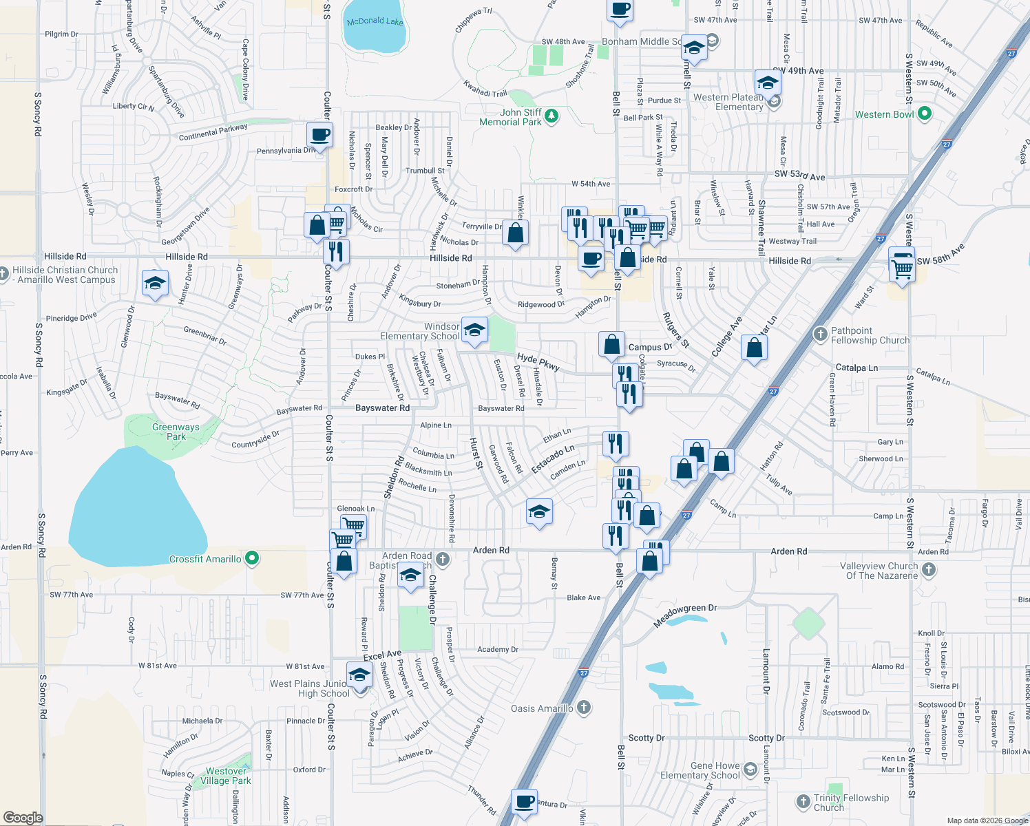 map of restaurants, bars, coffee shops, grocery stores, and more near 6503 Bayswater Rd in Amarillo