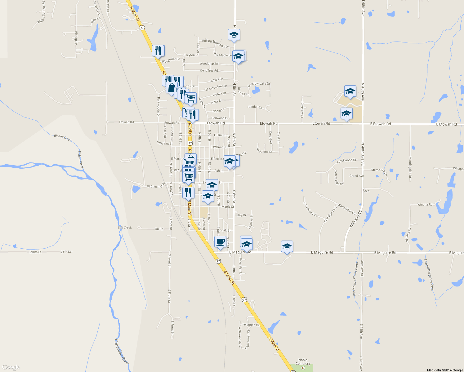 map of restaurants, bars, coffee shops, grocery stores, and more near 103 S 7th St in Noble