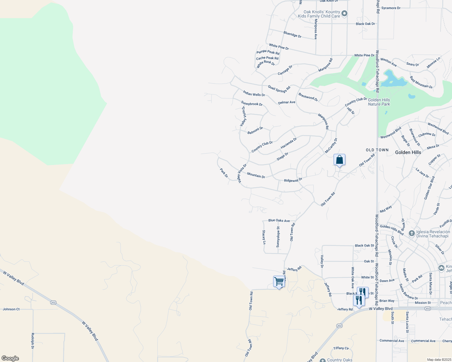 map of restaurants, bars, coffee shops, grocery stores, and more near 22005 Park Drive in Tehachapi