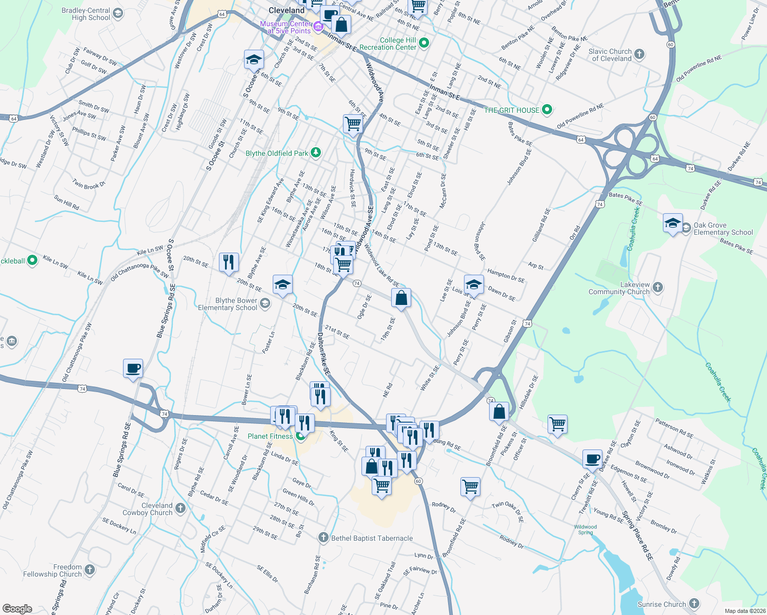 map of restaurants, bars, coffee shops, grocery stores, and more near 1407 19th St SE in Cleveland