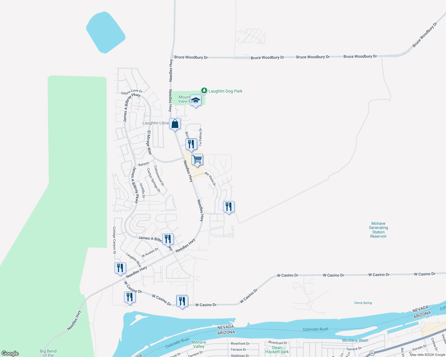 map of restaurants, bars, coffee shops, grocery stores, and more near 3176 Arroya Court in Laughlin