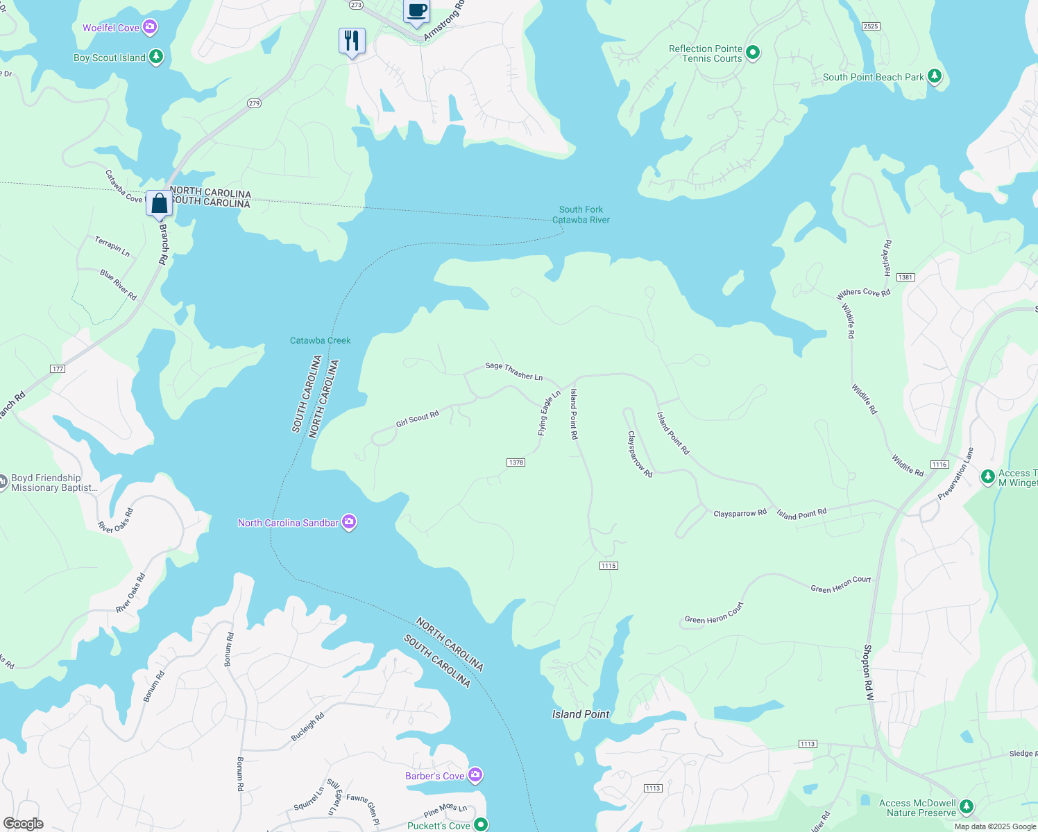 map of restaurants, bars, coffee shops, grocery stores, and more near 9425 Flying Eagle Lane in Charlotte