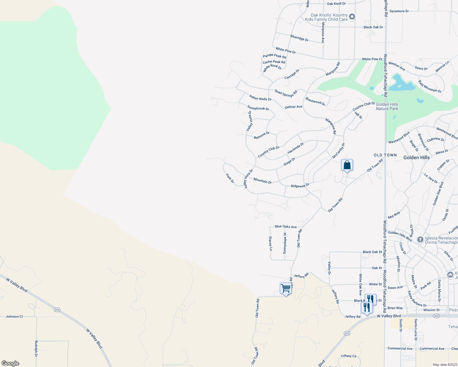 map of restaurants, bars, coffee shops, grocery stores, and more near 22005 Park Drive in Tehachapi
