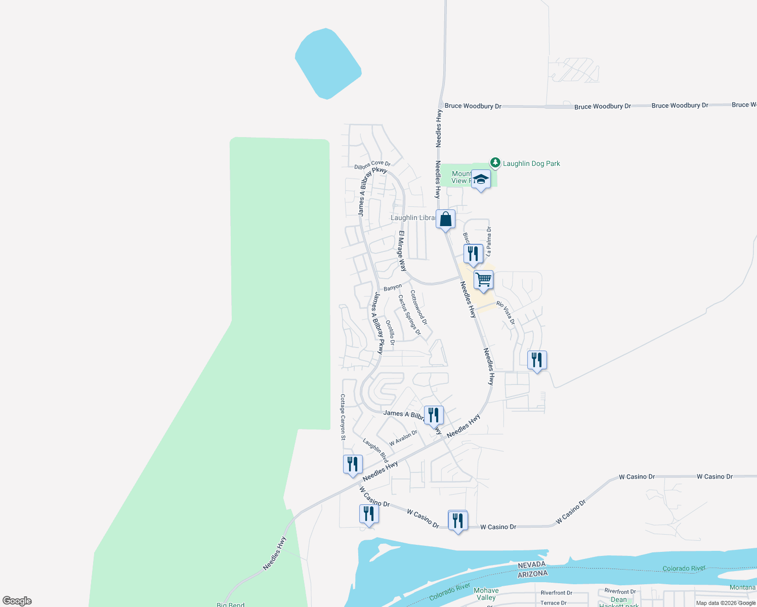 map of restaurants, bars, coffee shops, grocery stores, and more near 3160 James A Bilbray Parkway in Laughlin