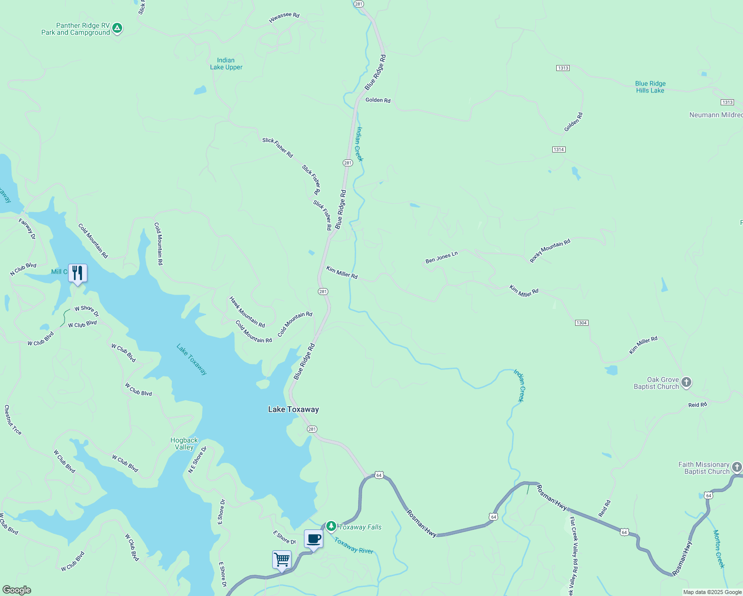 map of restaurants, bars, coffee shops, grocery stores, and more near John Wildes Road in Lake Toxaway