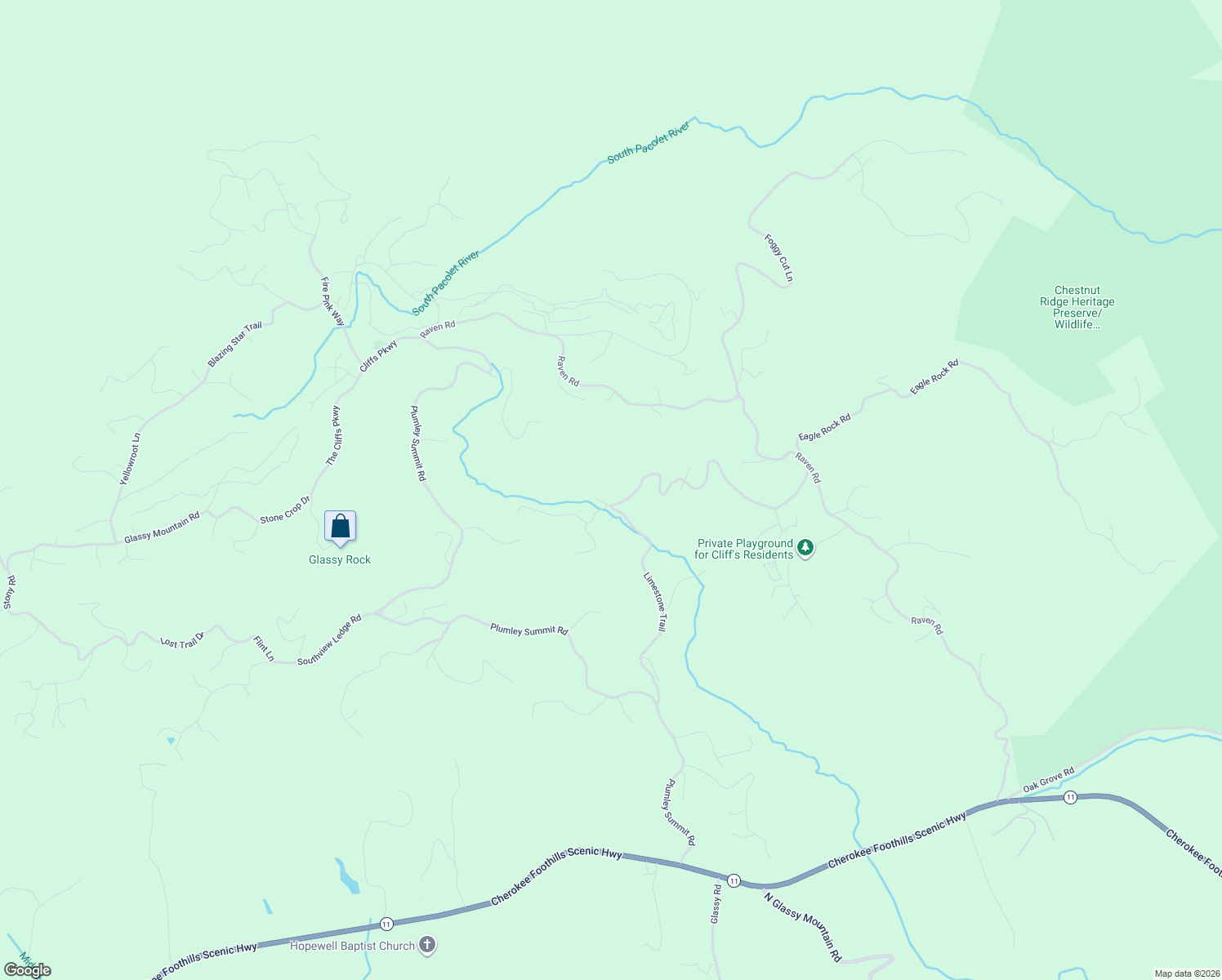 map of restaurants, bars, coffee shops, grocery stores, and more near 3 High Rock Ridge Drive in Landrum