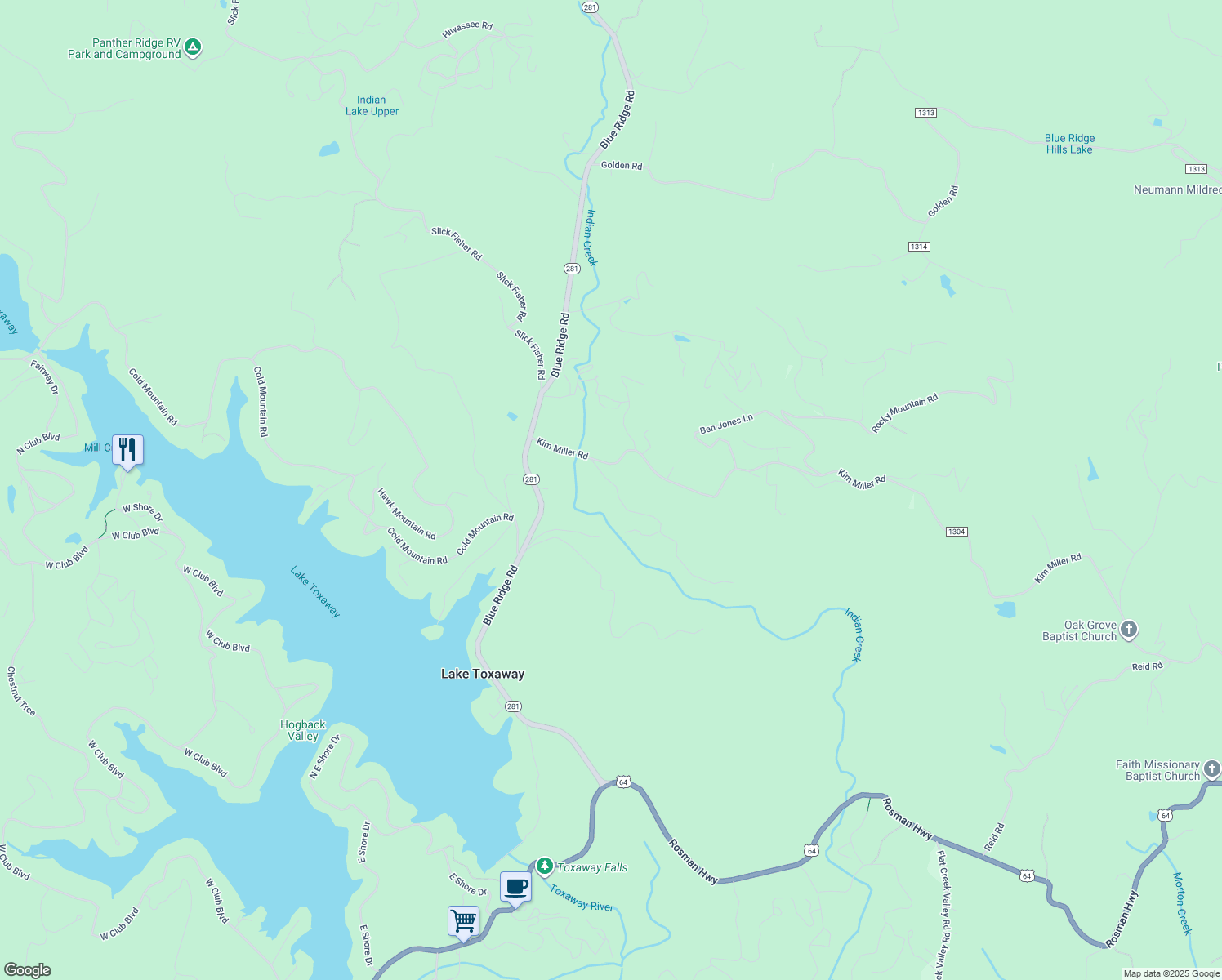 map of restaurants, bars, coffee shops, grocery stores, and more near John Wildes Road in Lake Toxaway