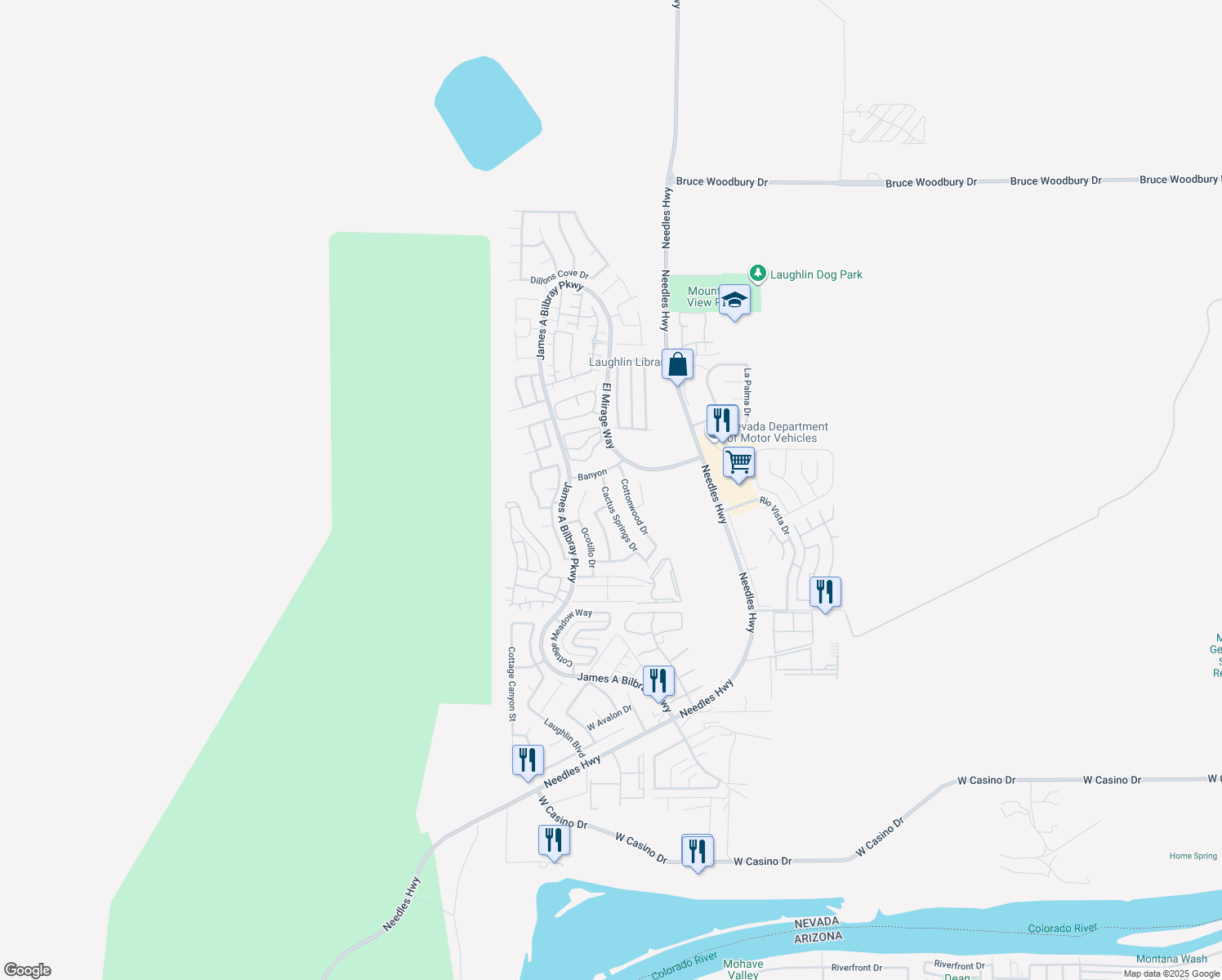 map of restaurants, bars, coffee shops, grocery stores, and more near 3134 Cactus Springs Drive in Laughlin