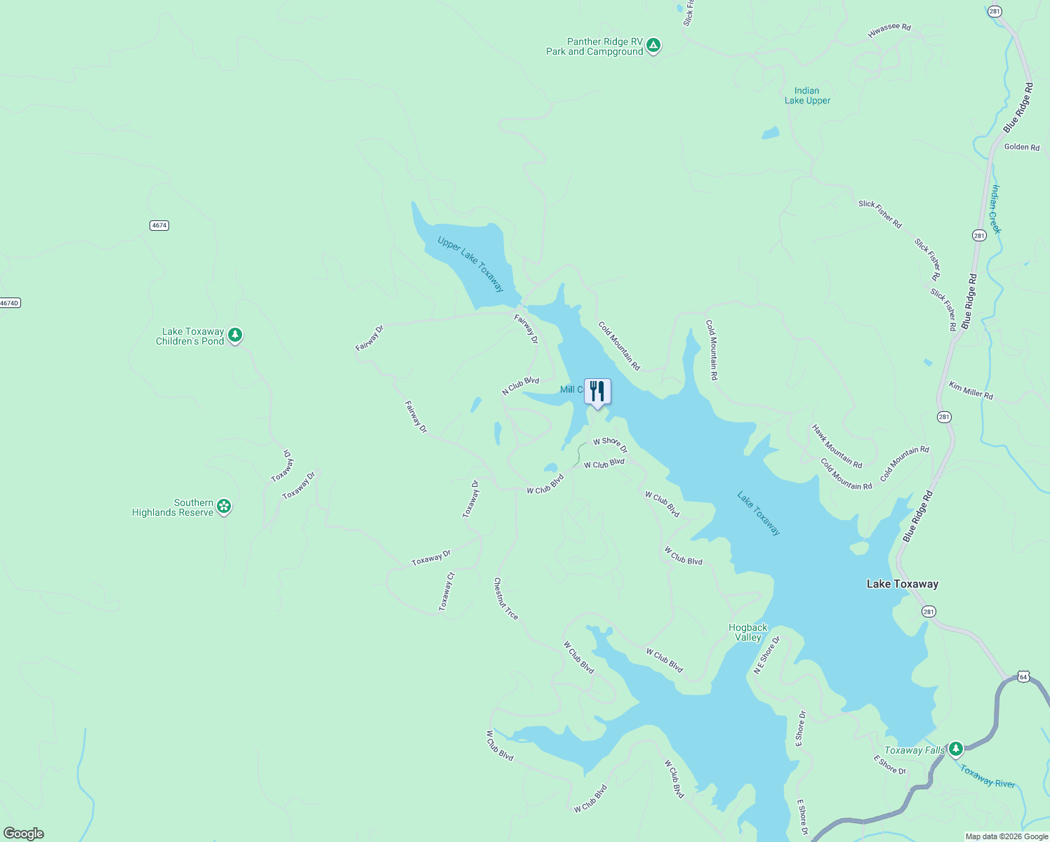 map of restaurants, bars, coffee shops, grocery stores, and more near 95 Shore Brook Lane in Lake Toxaway
